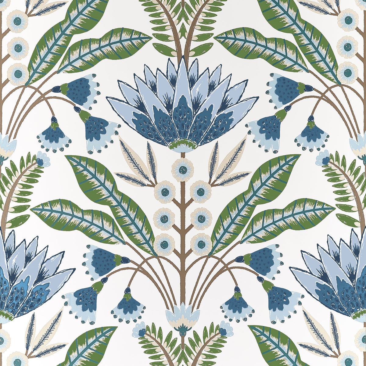 Lotus Wallpaper in Blue and Green color - pattern number T14612 - by Thibaut in the Fairhaven collection
