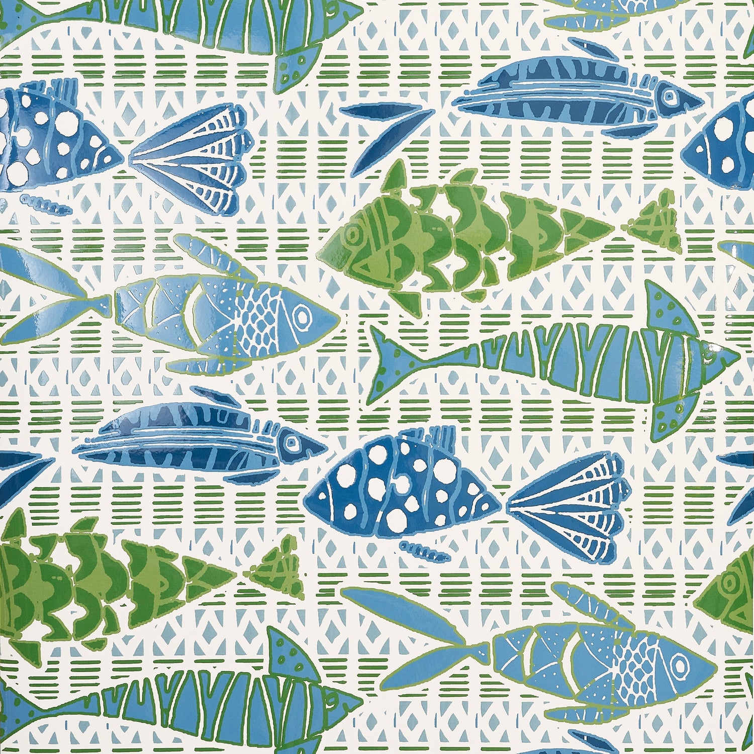 Batik Fish wallpaper in blue and green color - pattern number T15870 - by Thibaut in the Islander collection