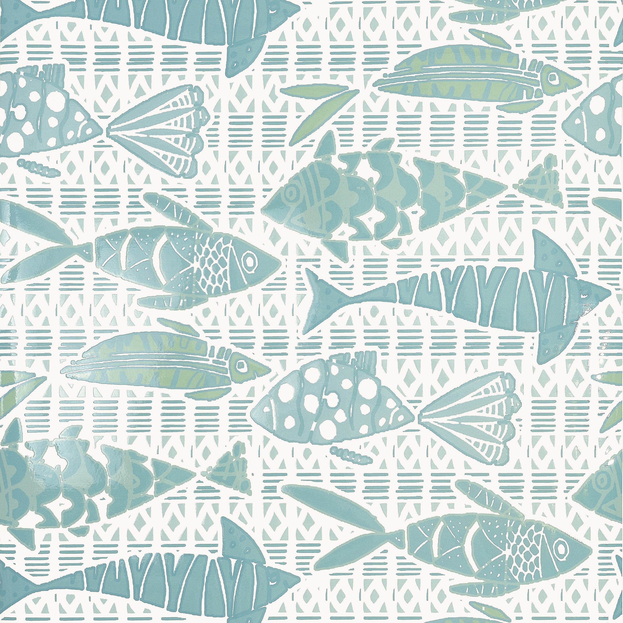 Batik Fish wallpaper in spa blue color - pattern number T15871 - by Thibaut in the Islander collection