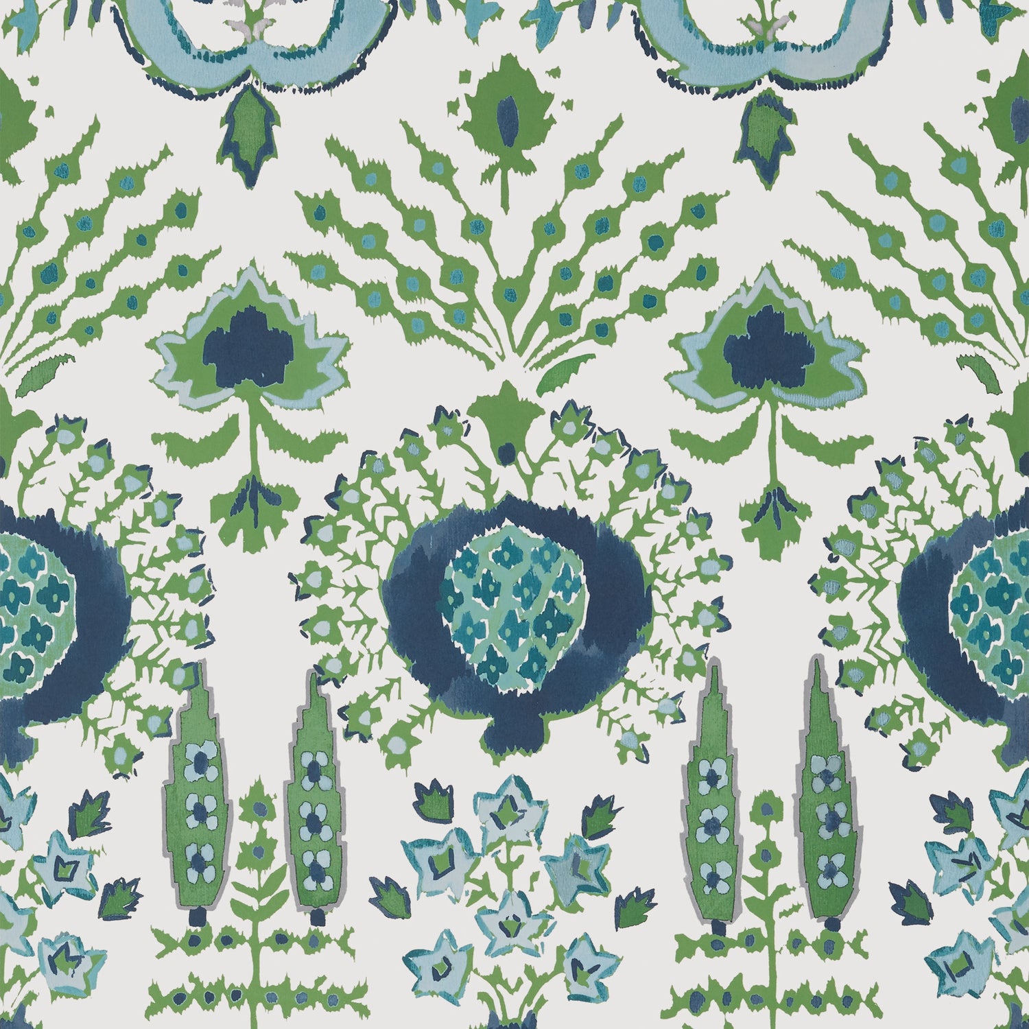 Mendoza Suzani fabric in blue and green on white color - pattern number T16240 - by Thibaut in the Kismet by Thibaut collection