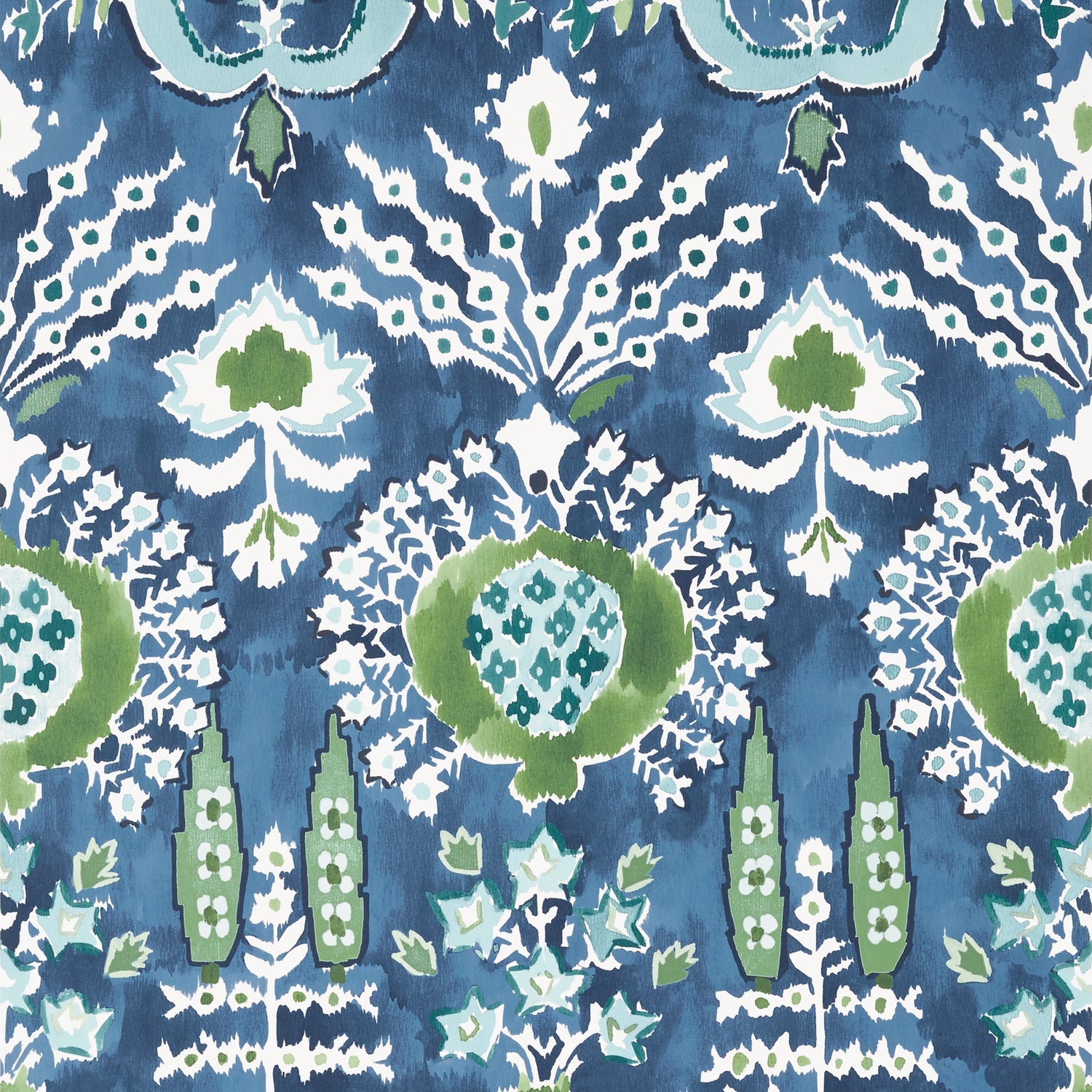 Mendoza Suzani fabric in blue and green on navy color - pattern number T16241 - by Thibaut in the Kismet by Thibaut collection