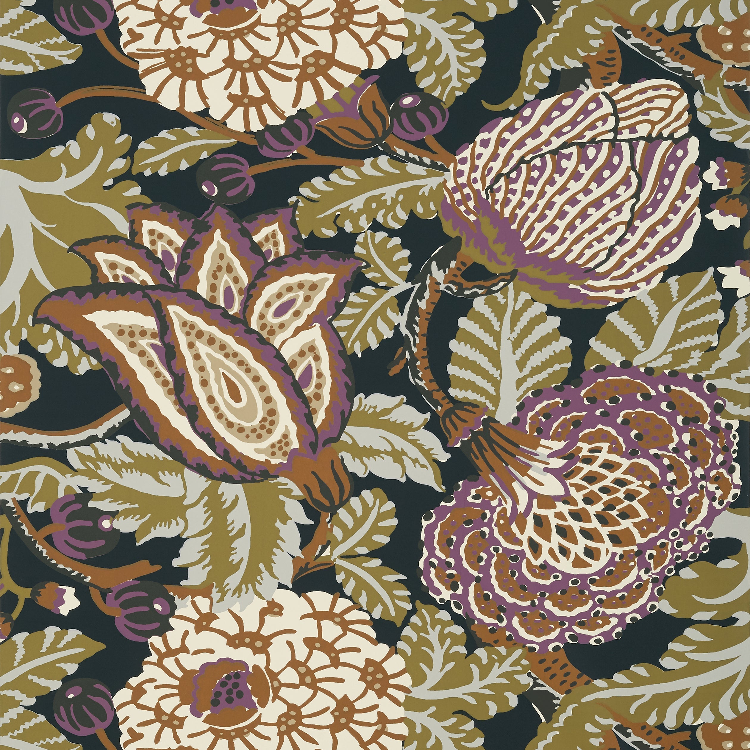 Mitford fabric in black and plum color - pattern number T2942 - by Thibaut in the Paramount collection