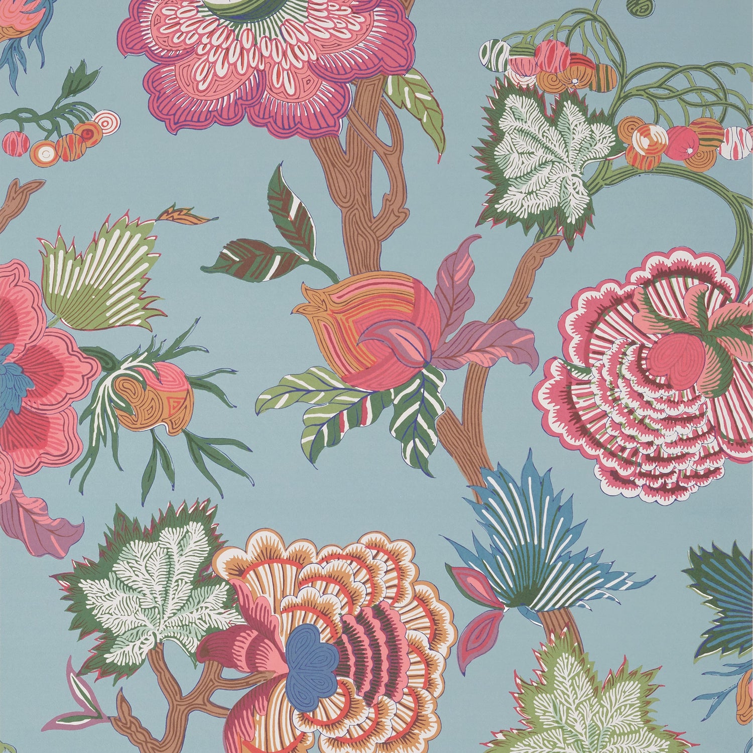 Indienne Jacobean wallpaper in raspberry and teal color - pattern number T36415 - by Thibaut in the Indienne collection