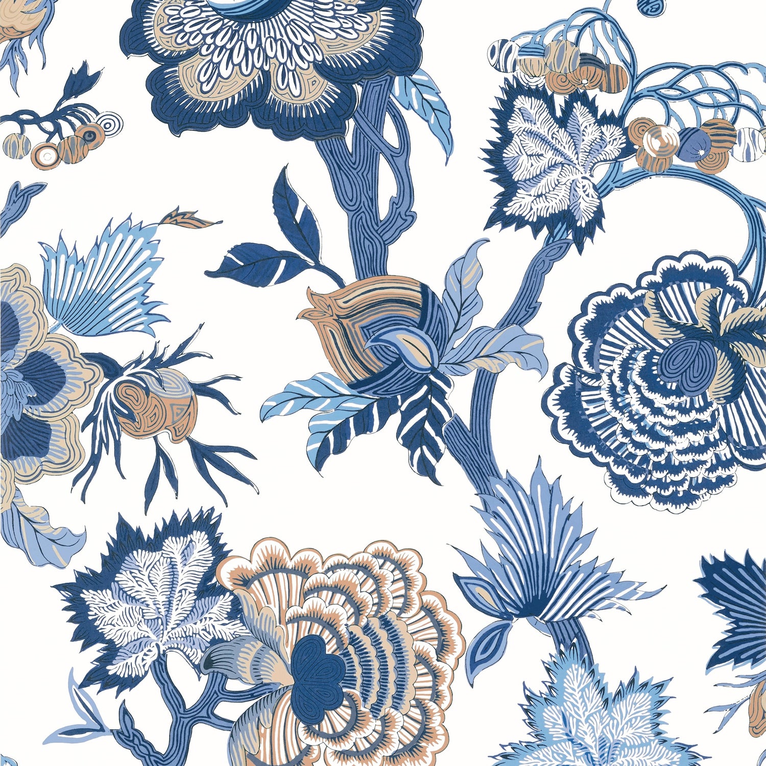 Indienne Jacobean wallpaper in blue and white color - pattern number T36418 - by Thibaut in the Indienne collection