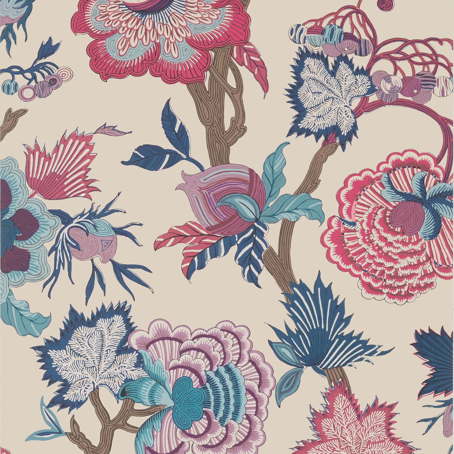 Indienne Jacobean wallpaper in raspberry and blue on natural color - pattern number T36419 - by Thibaut in the Indienne collection