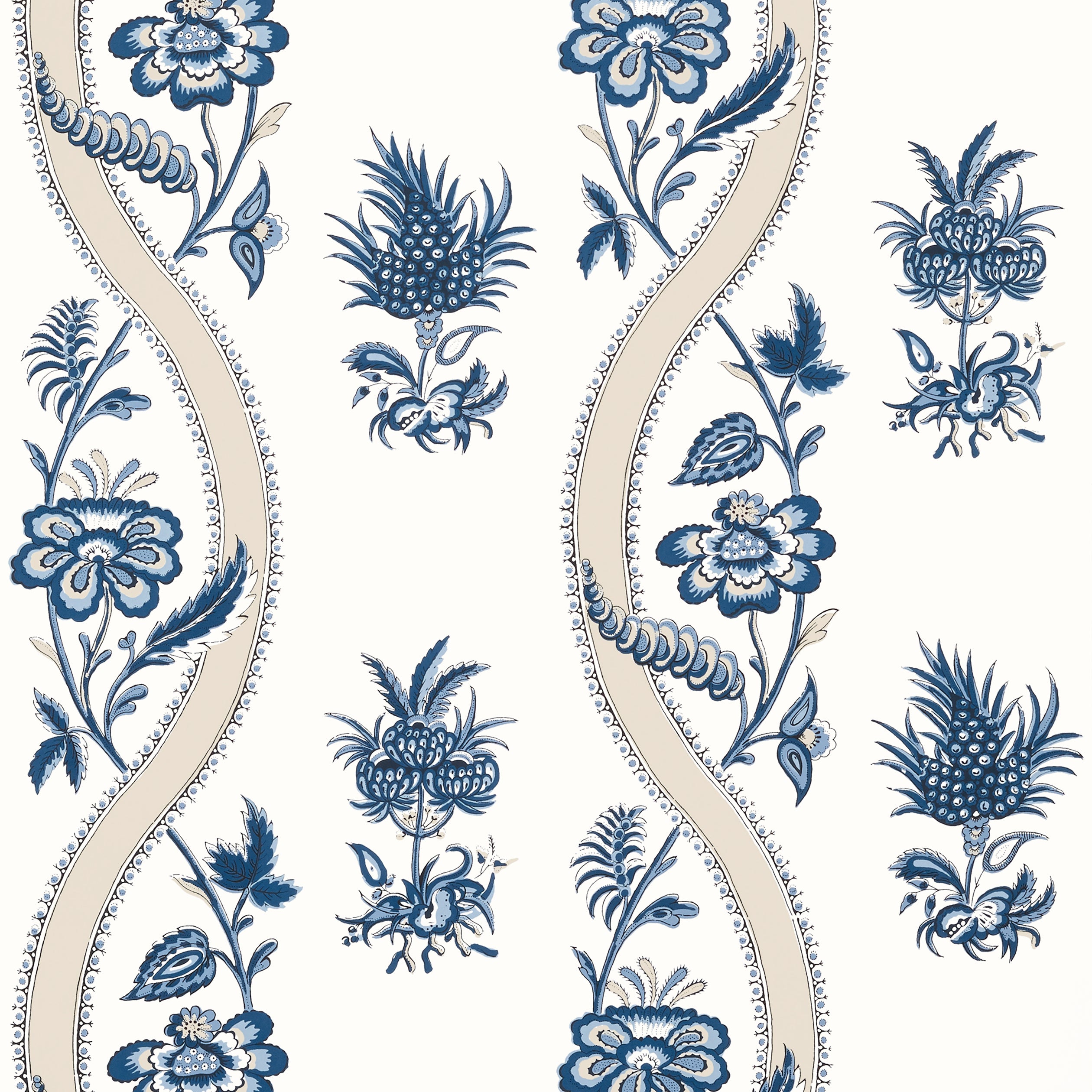 Ribbon Floral wallpaper in blue and white color - pattern number T36423 - by Thibaut in the Indienne collection