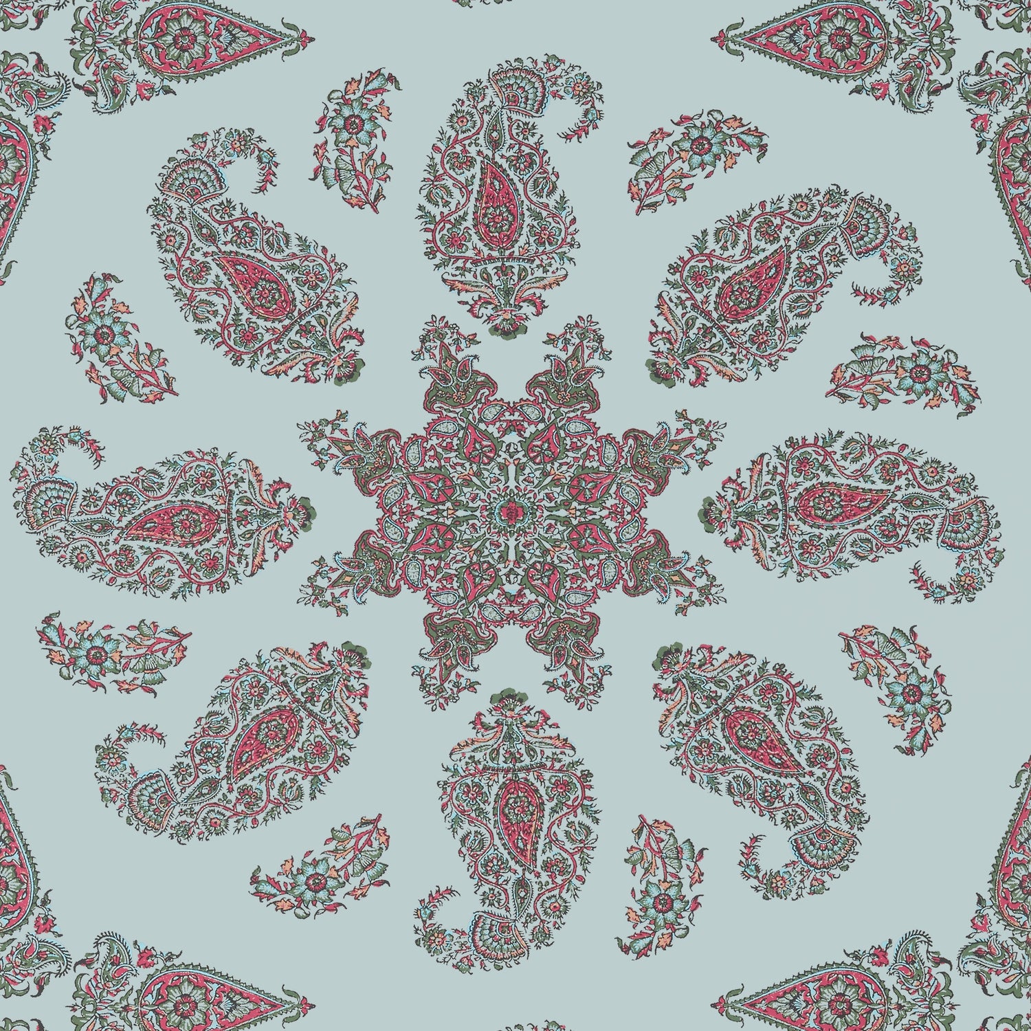 East India wallpaper in raspberry and teal color - pattern number T36431 - by Thibaut in the Indienne collection
