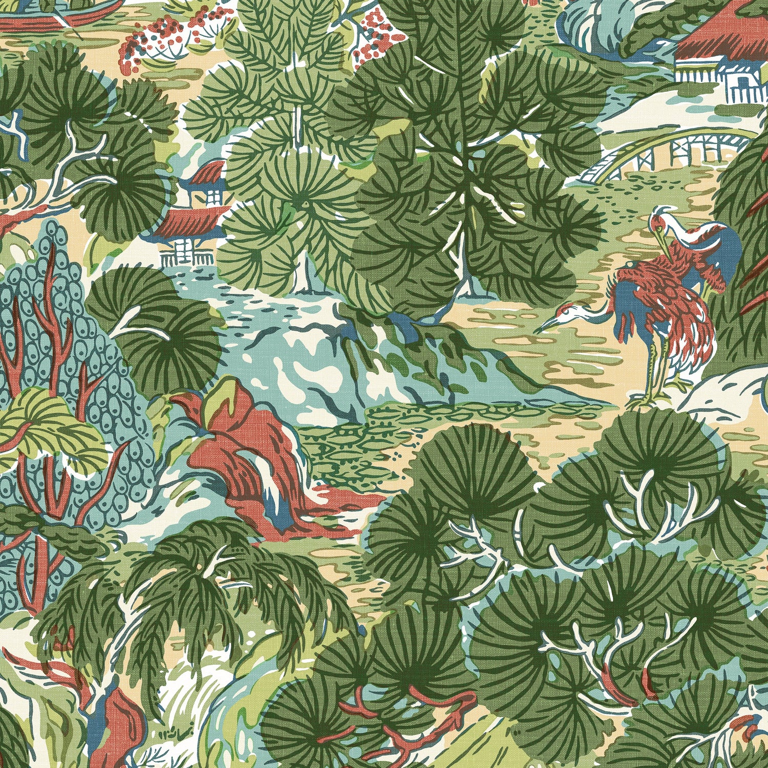 Pagoda Trees fabric in coral and green color - pattern number T42022 - by Thibaut in the Sojourn collection
