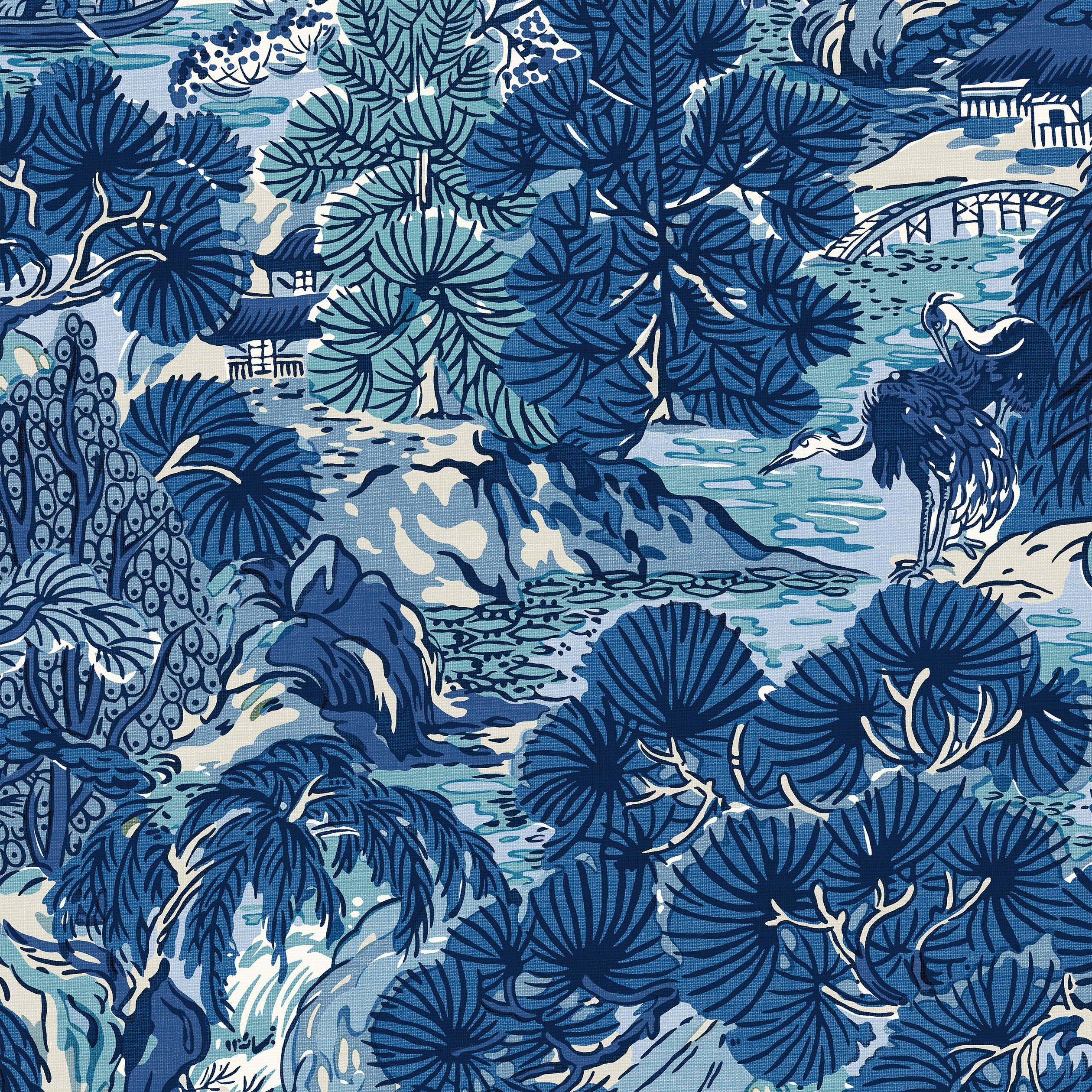 Pagoda Trees fabric in blues color - pattern number T42023 - by Thibaut in the Sojourn collection