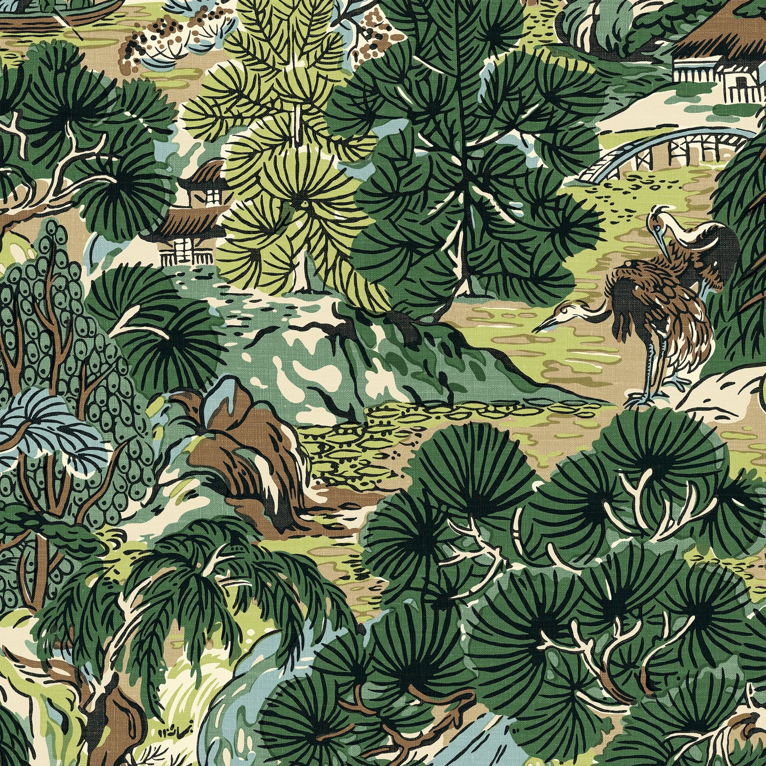 Pagoda Trees fabric in brown and green color - pattern number T42025 - by Thibaut in the Sojourn collection
