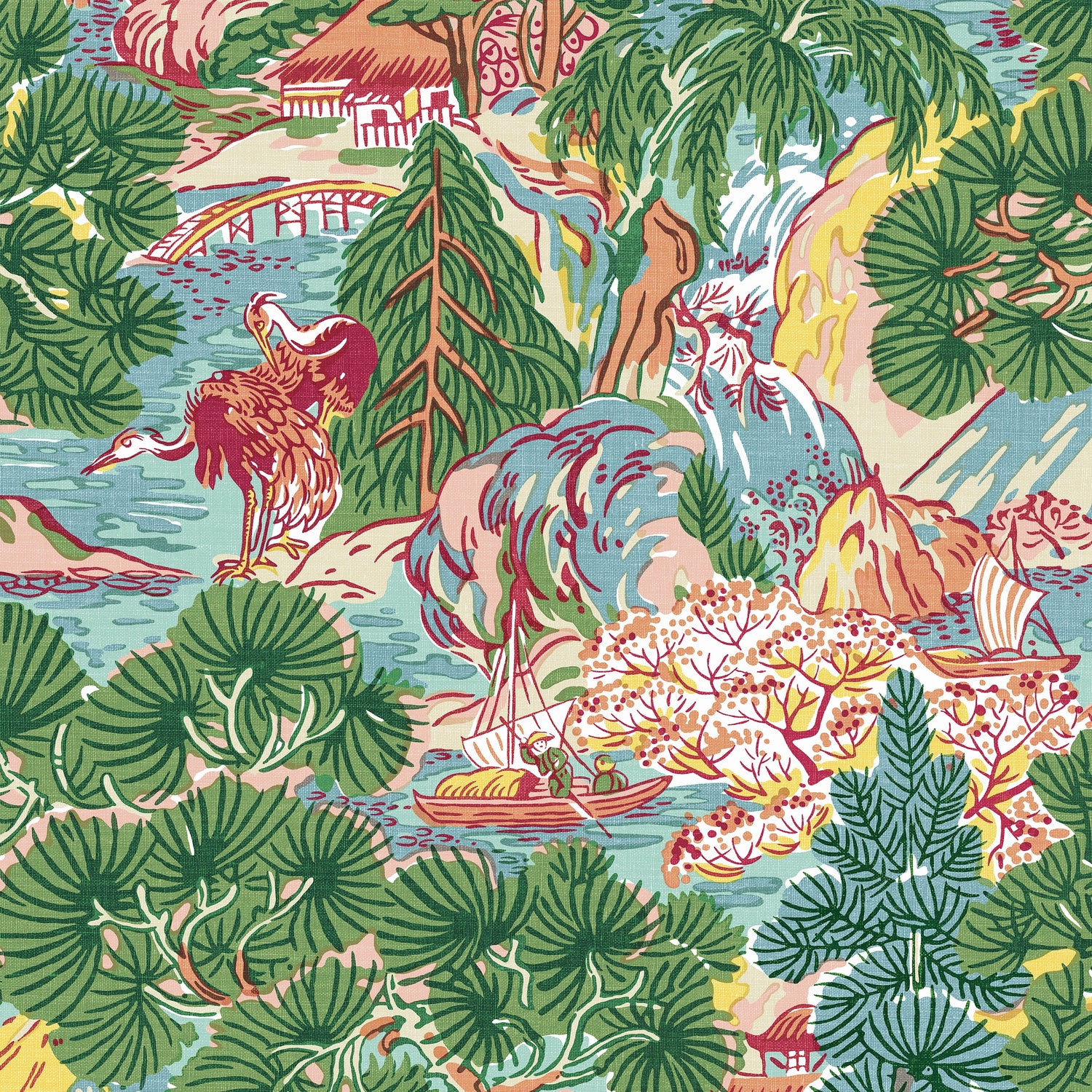 Pagoda Trees fabric in pink and green color - pattern number T42026 - by Thibaut in the Sojourn collection