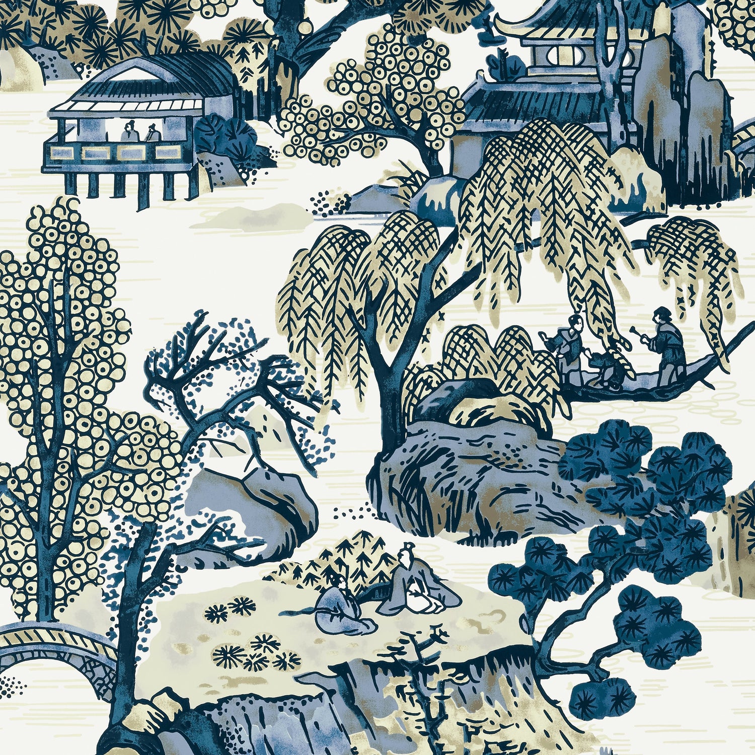 Asian Scenic fabric in blue and beige color - pattern number T75461 - by Thibaut in the Dynasty collection