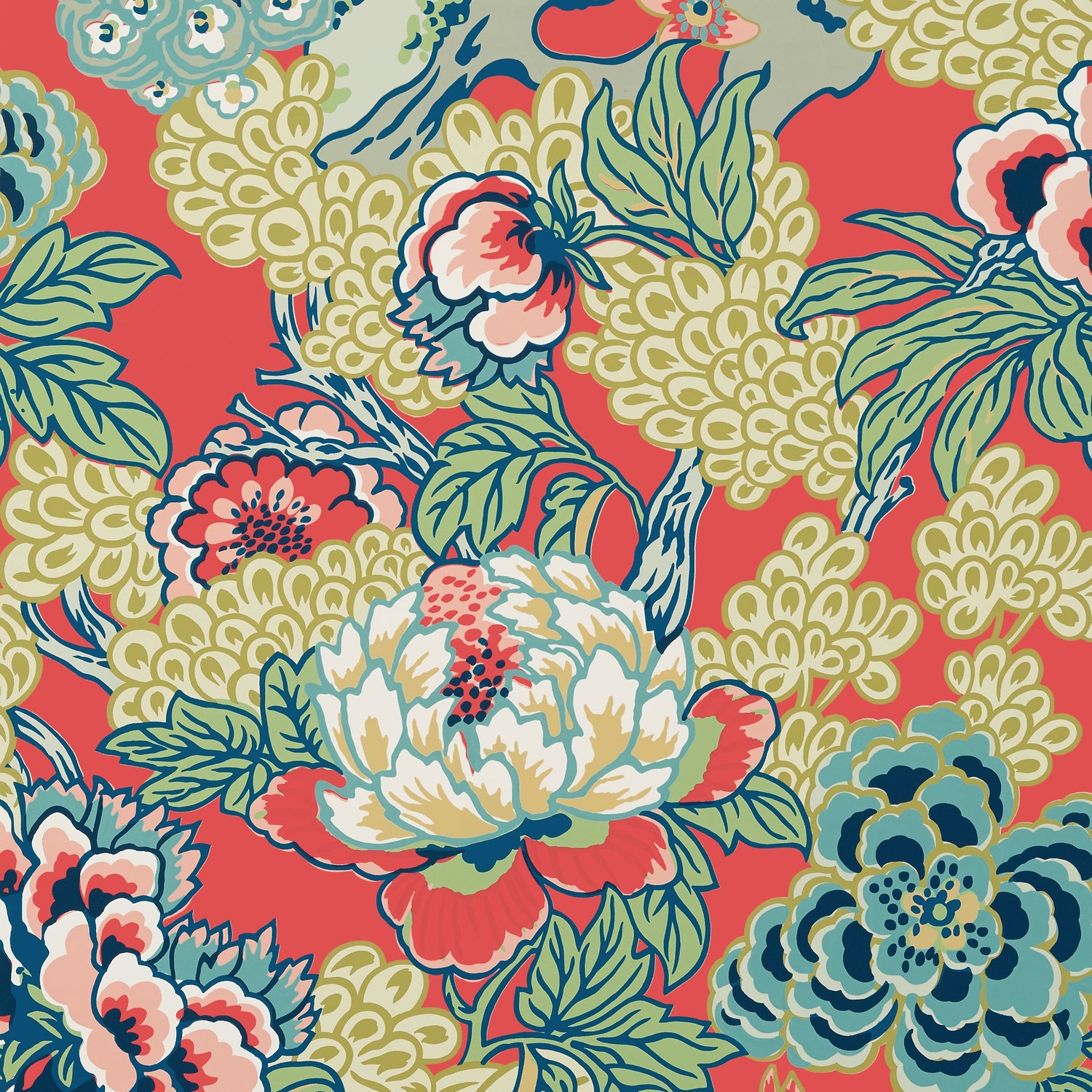 Honshu fabric in coral and green color - pattern number T75490 - by Thibaut in the Dynasty collection