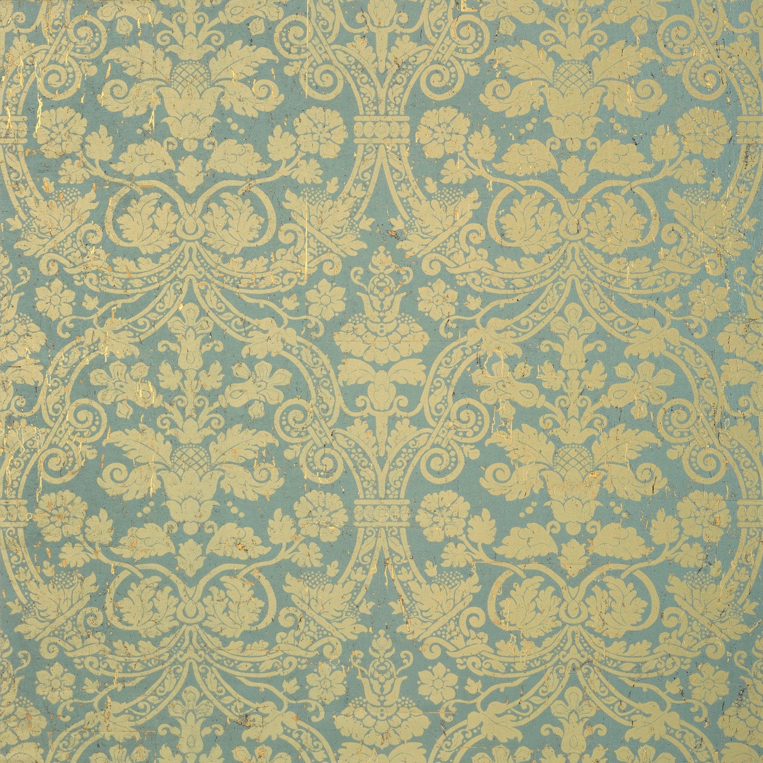 Curtis Damask fabric in metallic gold on aqua color - pattern number T89115 - by Thibaut in the Damask Resource Volume 4 collection