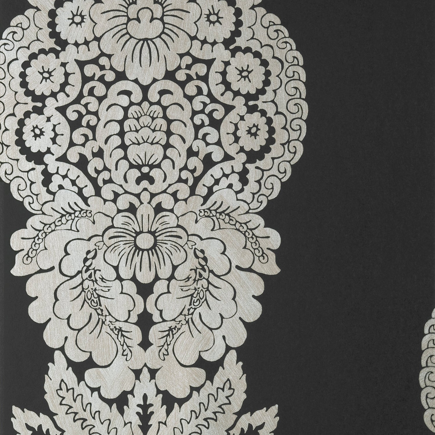 Rowan Damask fabric in silver on black color - pattern number T89132 - by Thibaut in the Damask Resource Volume 4 collection