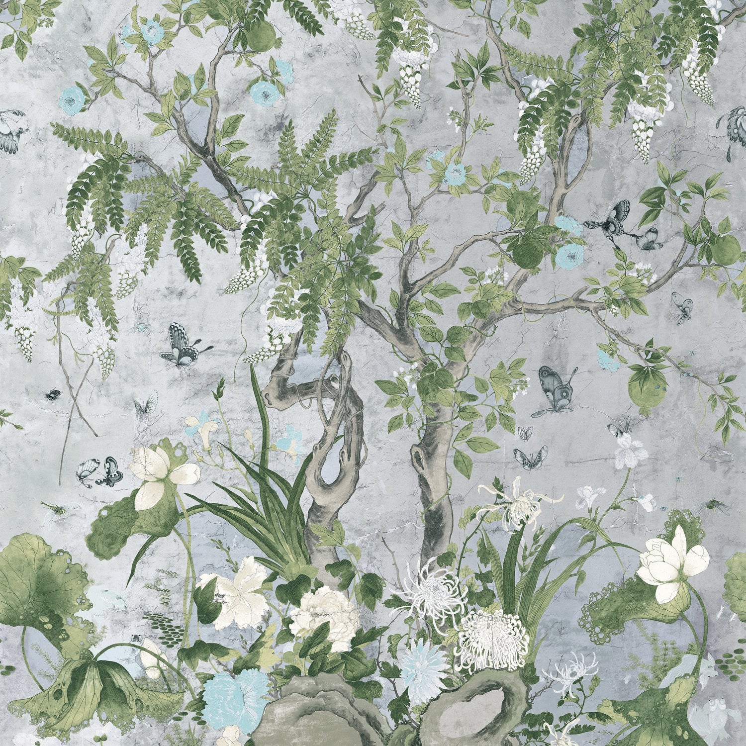 Wild Wisteria fabric in metallic silver color - pattern number TM42053 - by Thibaut in the Sojourn collection