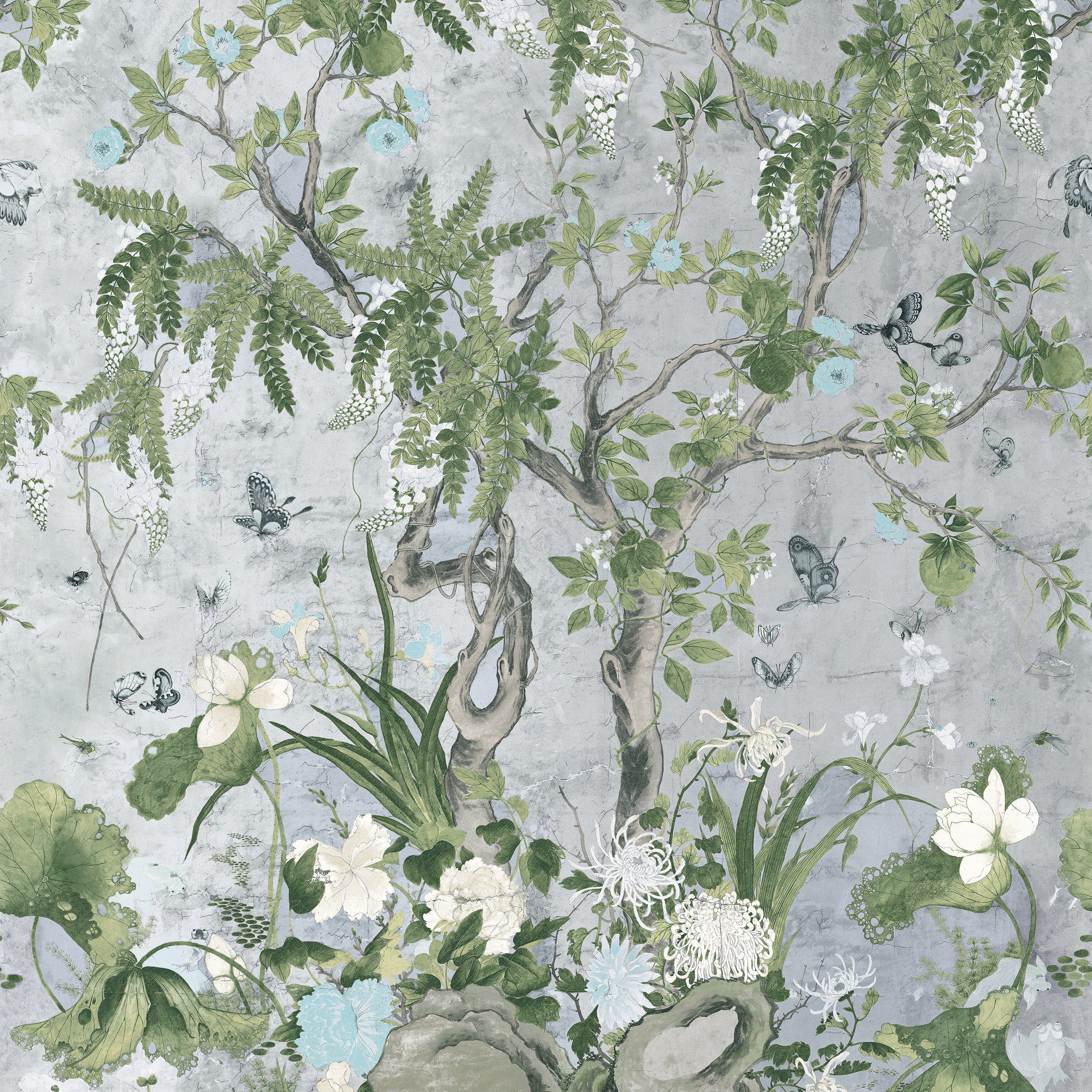 Wild Wisteria fabric in metallic silver color - pattern number TM42053 - by Thibaut in the Sojourn collection