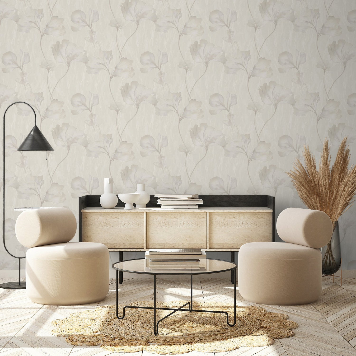 Classical Floral All-over Wallpaper in cream color - pattern number VE3308 - by Grandeco in the Very collection