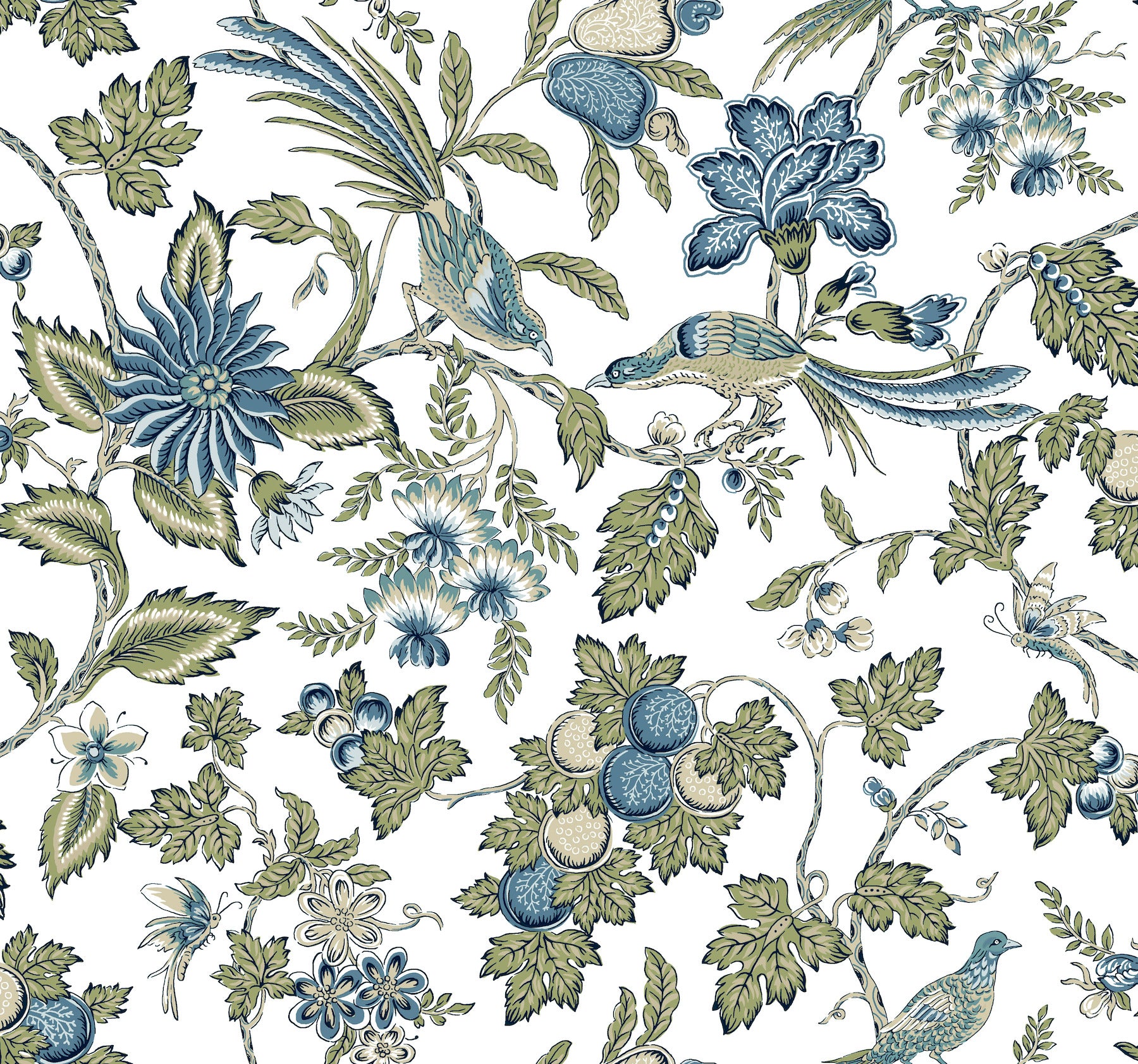 Parterre wallpaper in sage and indigo color - pattern number VP1314 - by Antonina Vella in the Jardin collection
