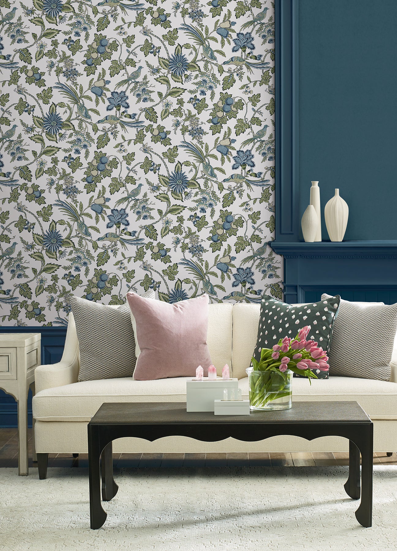 Parterre wallpaper in sage and indigo color - pattern number VP1314 - by Antonina Vella in the Jardin collection