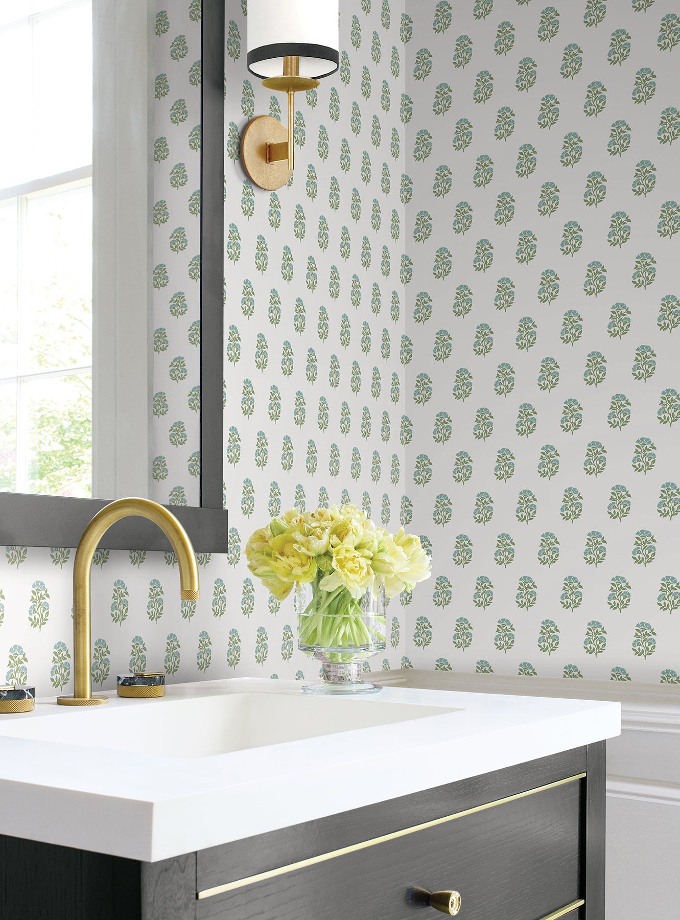 Sylvie wallpaper in sky and green color - pattern number VP1385 - by Antonina Vella in the Jardin collection