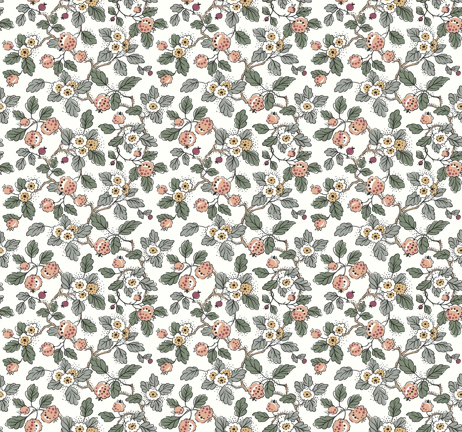Framboise wallpaper in salmon and eucalyptus color - pattern number VP1414 - by Antonina Vella in the Jardin collection