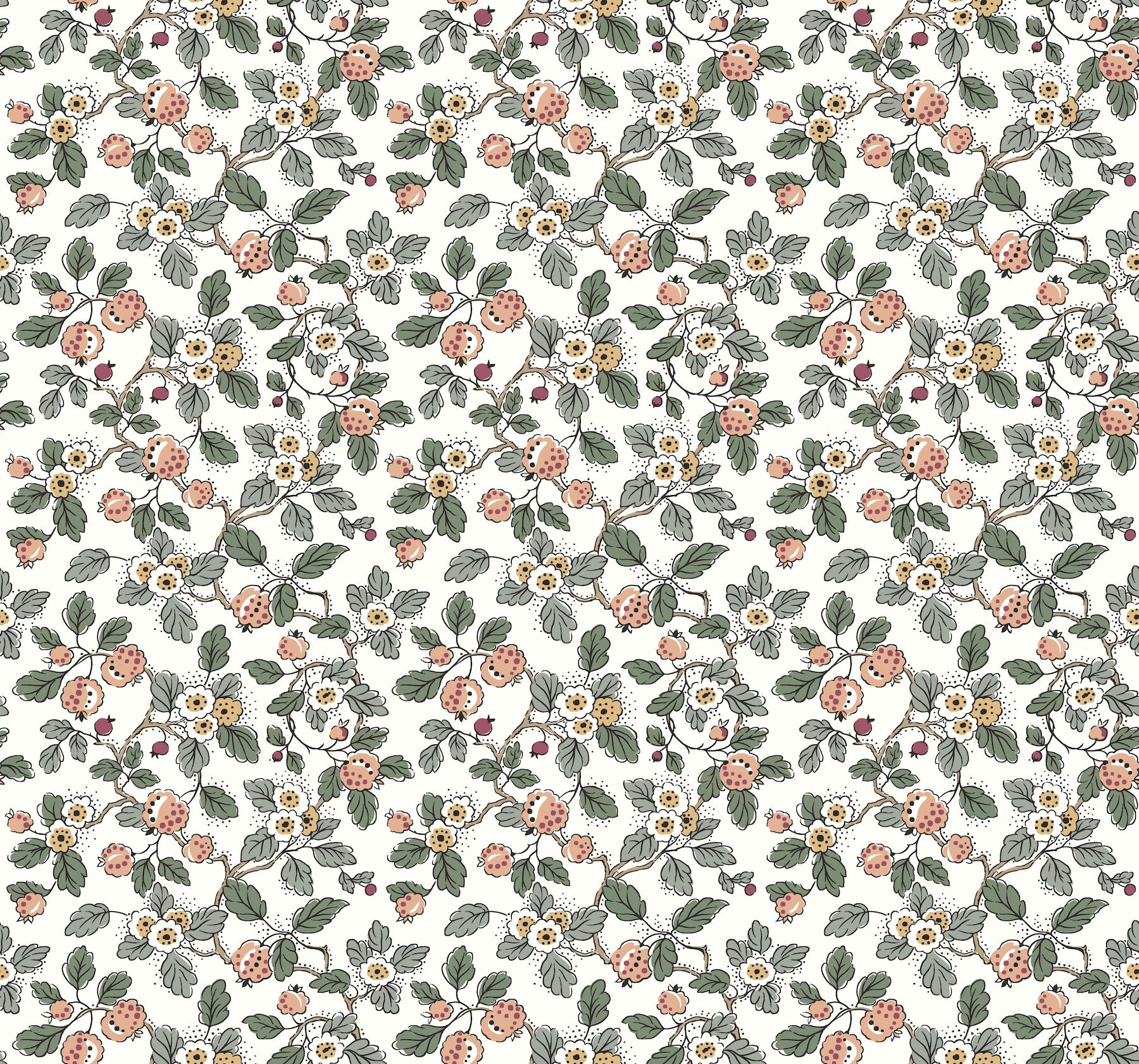 Framboise wallpaper in salmon and eucalyptus color - pattern number VP1414 - by Antonina Vella in the Jardin collection