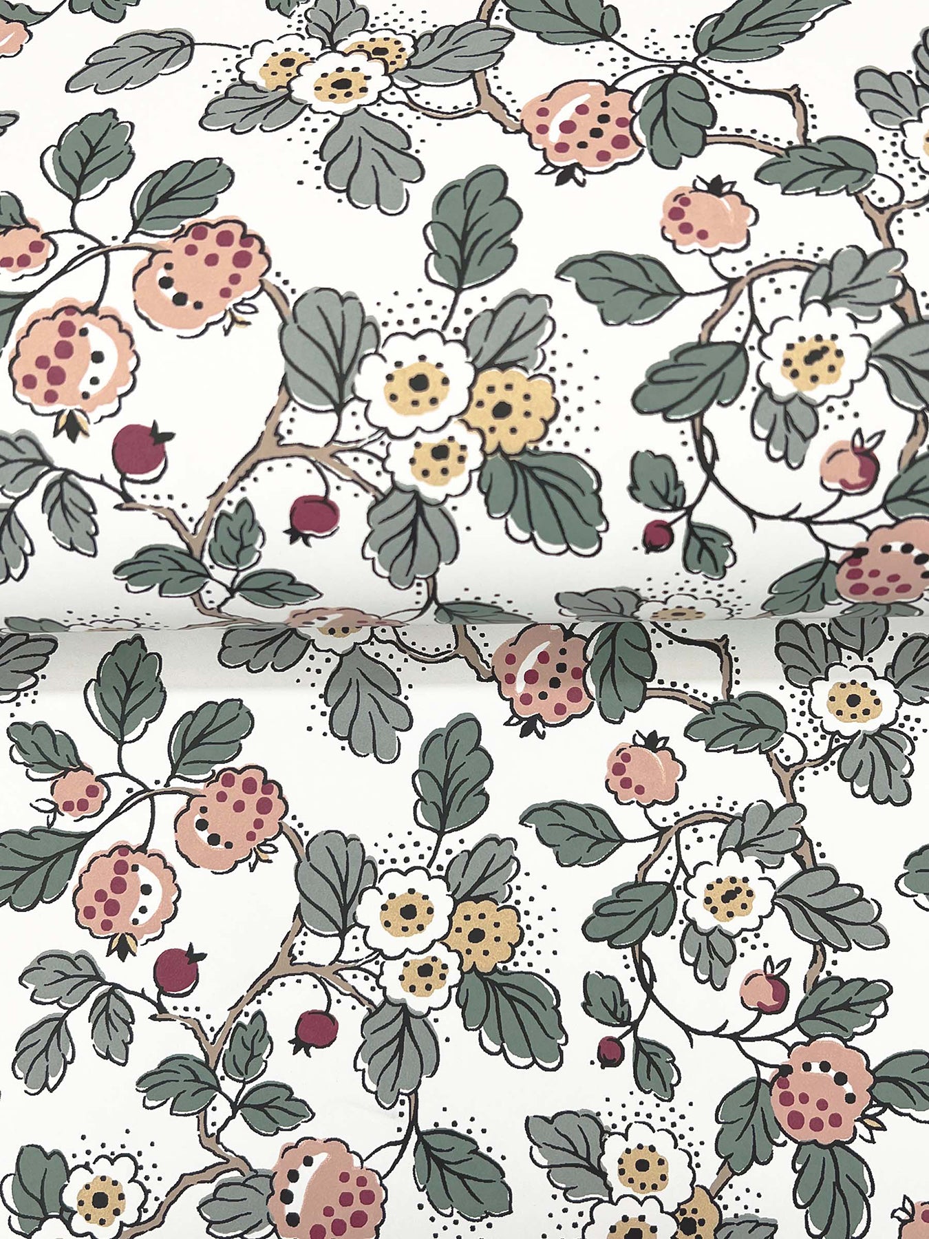 Framboise wallpaper in salmon and eucalyptus color - pattern number VP1414 - by Antonina Vella in the Jardin collection