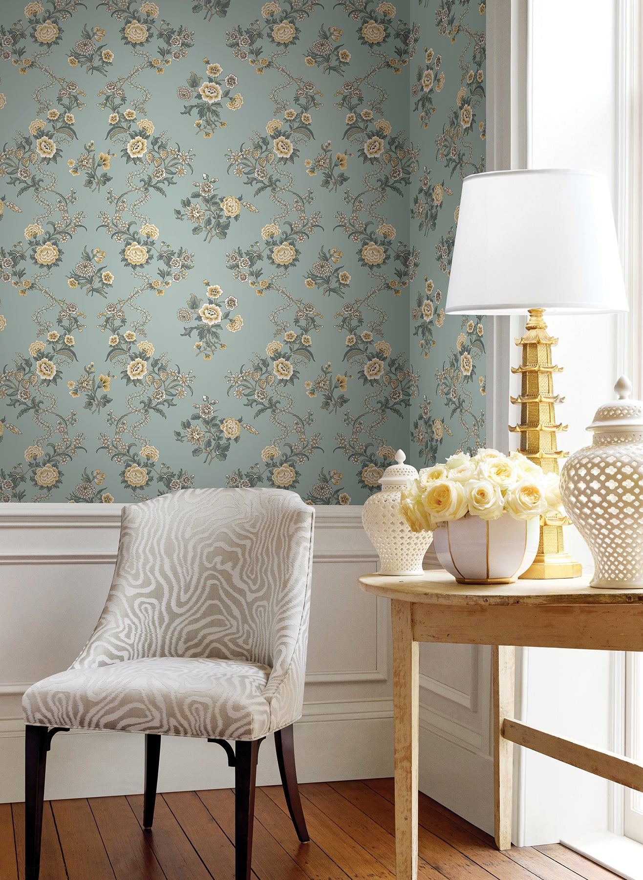Genevieve wallpaper in harbor blue color - pattern number VP1422 - by Antonina Vella in the Jardin collection