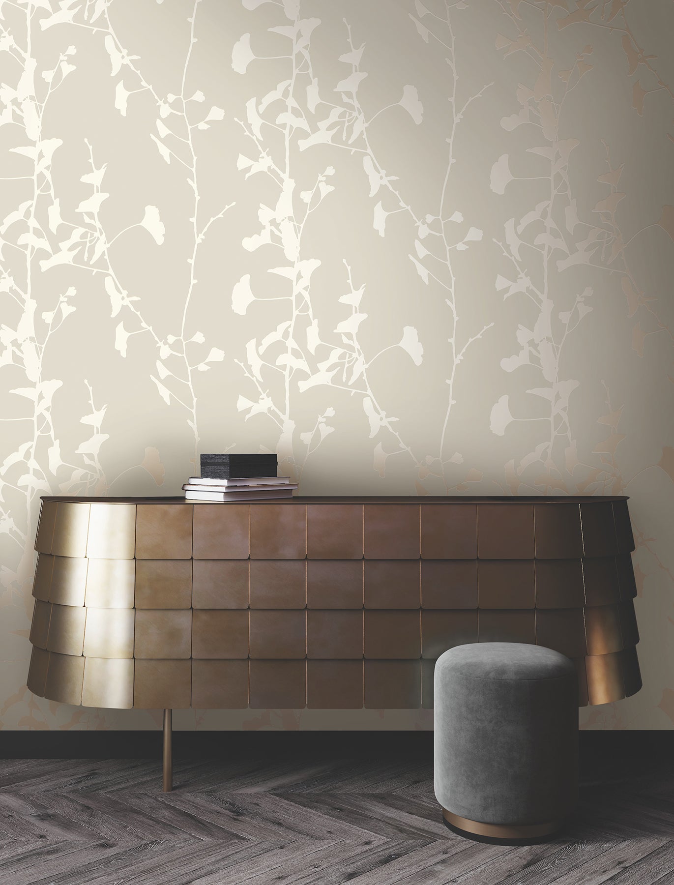 Ginkgo Silhouette wallpaper in taupe color - pattern number VR1507 - by Ronald Redding in the Caviar collection