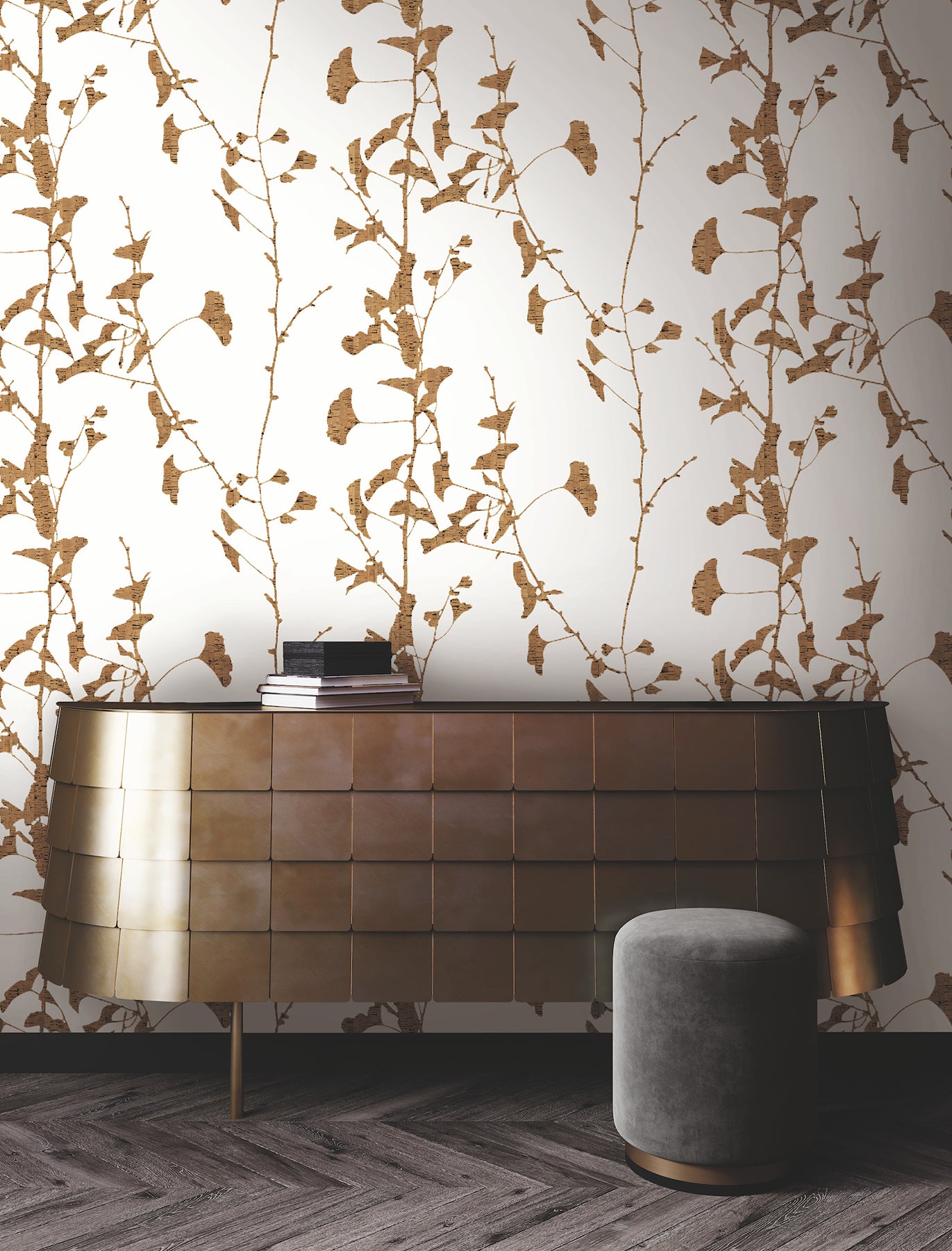 Ginkgo Silhouette wallpaper in light brown color - pattern number VR1509 - by Ronald Redding in the Caviar collection