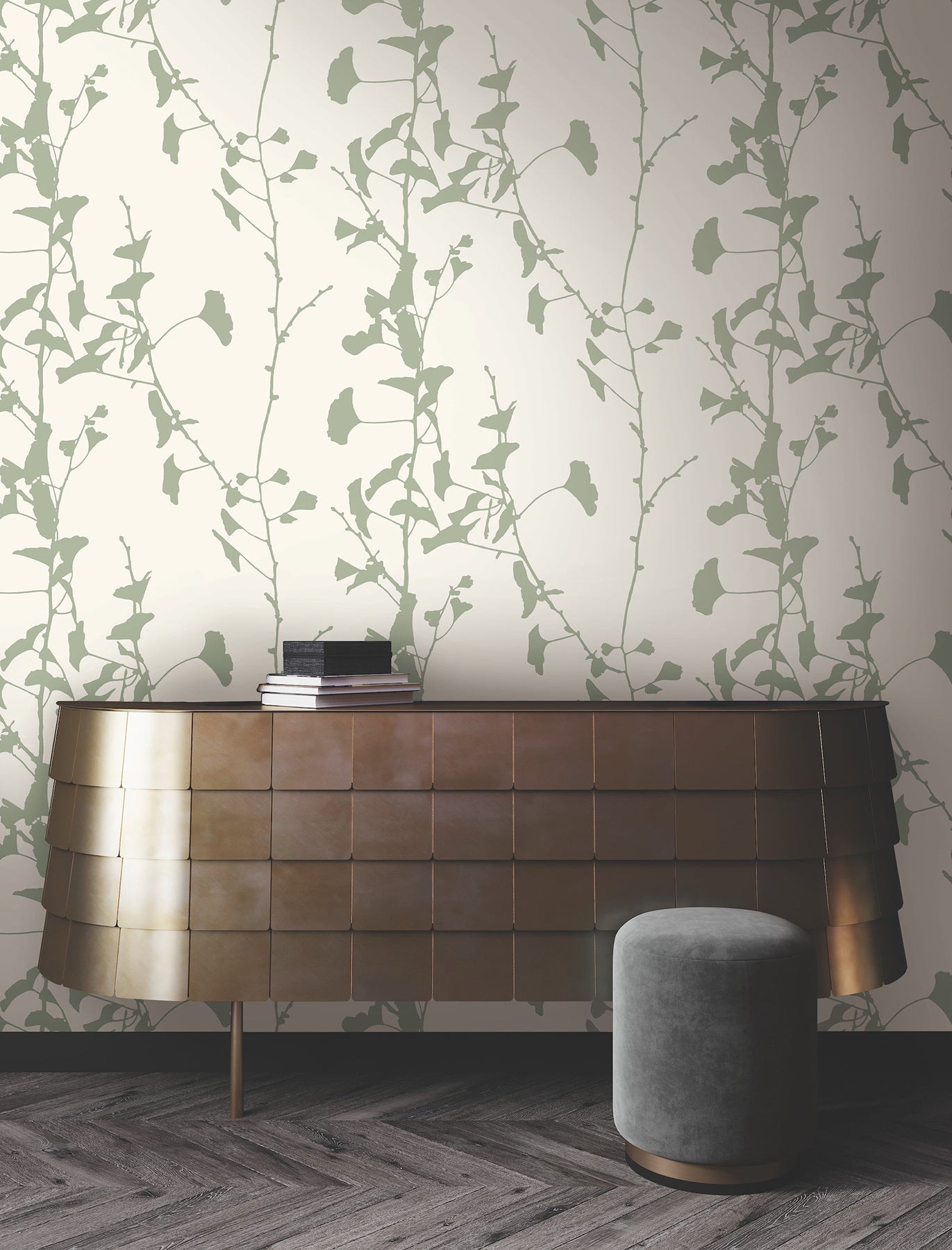 Ginkgo Silhouette wallpaper in sage color - pattern number VR1510 - by Ronald Redding in the Caviar collection