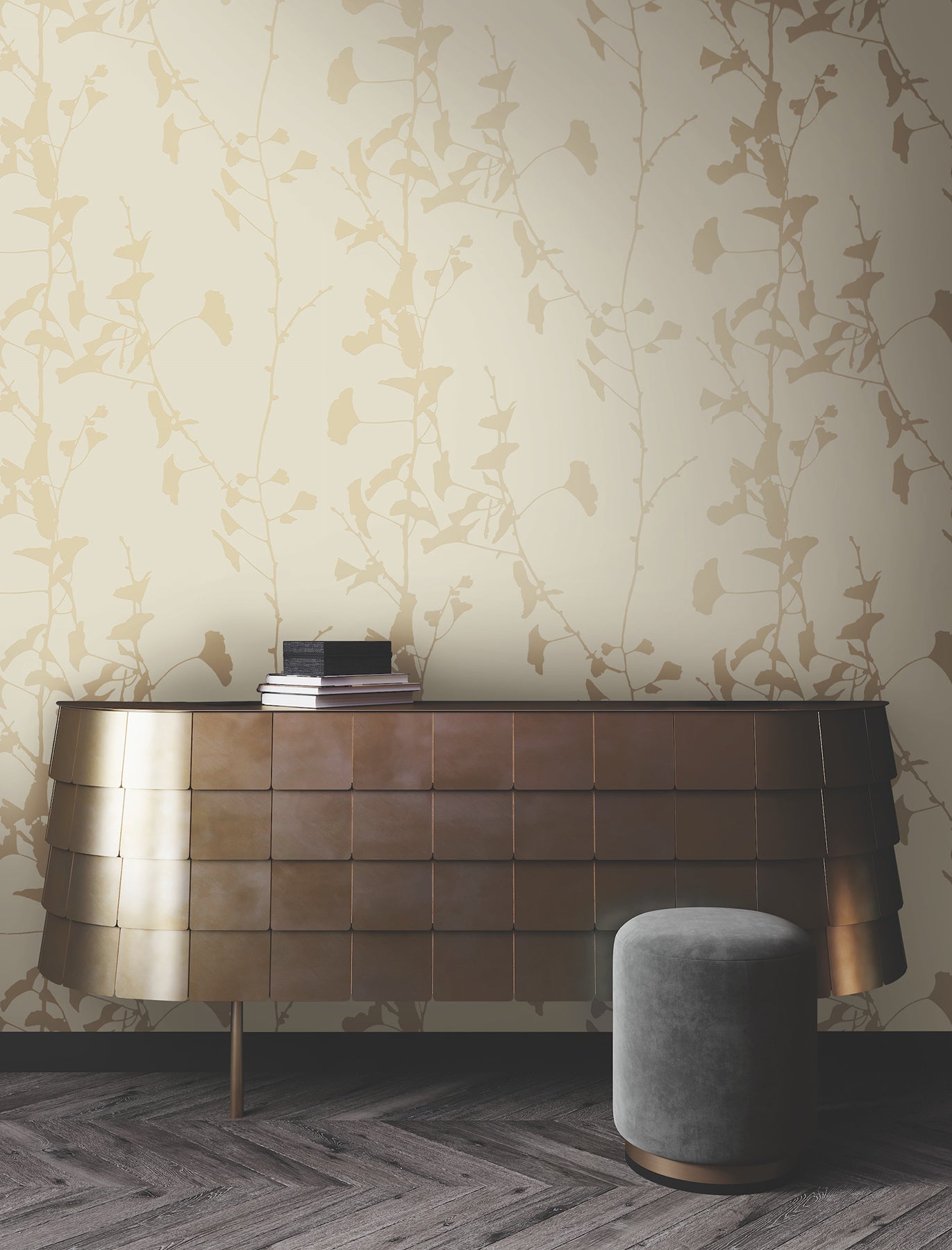 Ginkgo Silhouette wallpaper in neutral color - pattern number VR1511 - by Ronald Redding in the Caviar collection