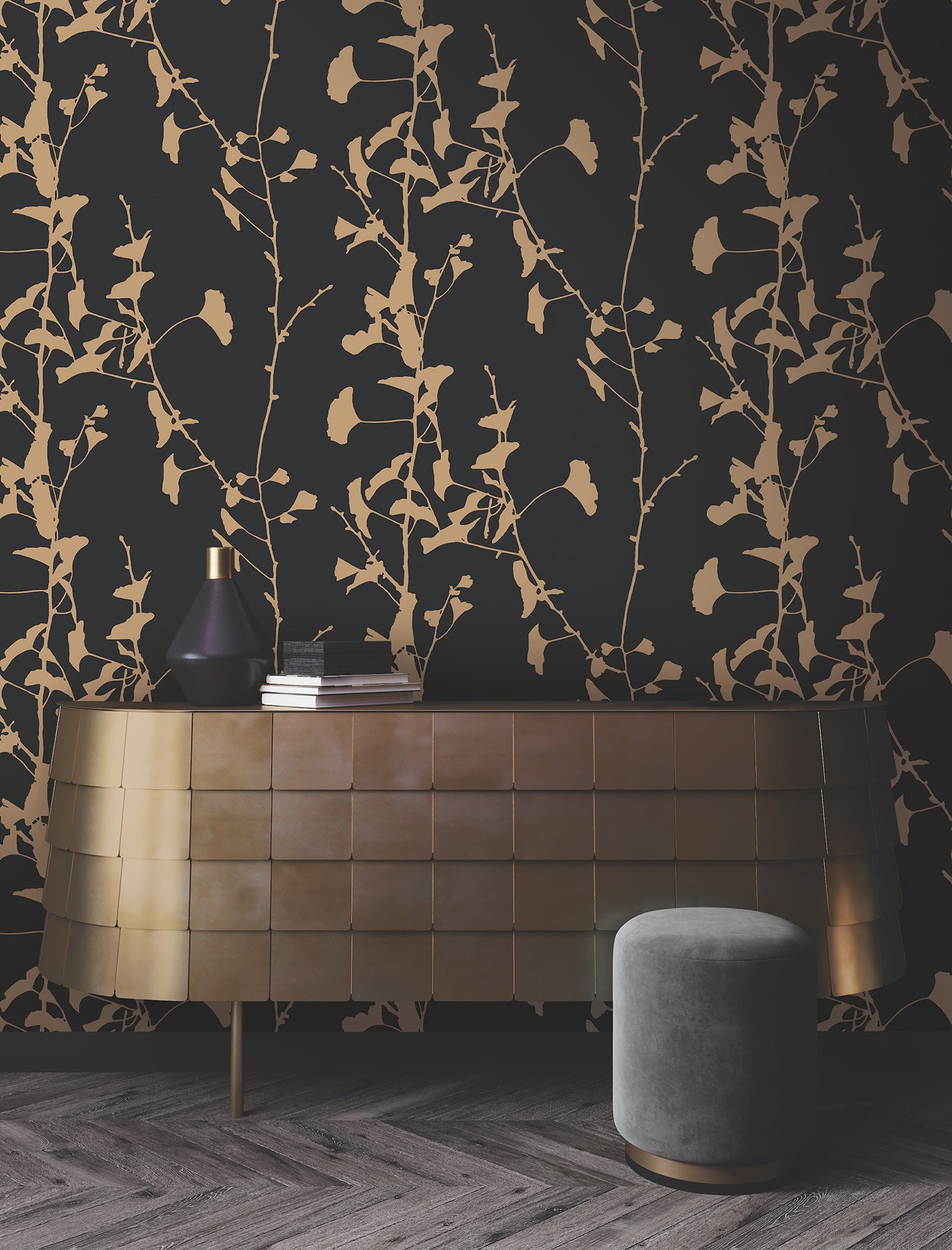 Ginkgo Silhouette wallpaper in black &amp; gold color - pattern number VR1512 - by Ronald Redding in the Caviar collection