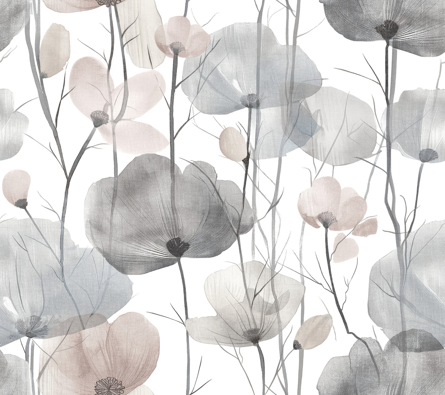 Cotswolds Poppies wallpaper in grey color - pattern number VR1534 - by Ronald Redding in the Caviar collection