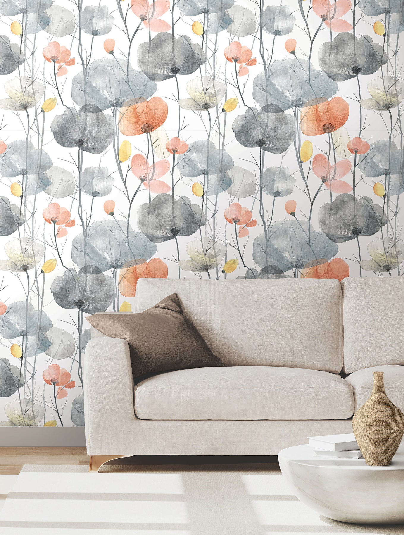 Cotswolds Poppies wallpaper in coral color - pattern number VR1537 - by Ronald Redding in the Caviar collection