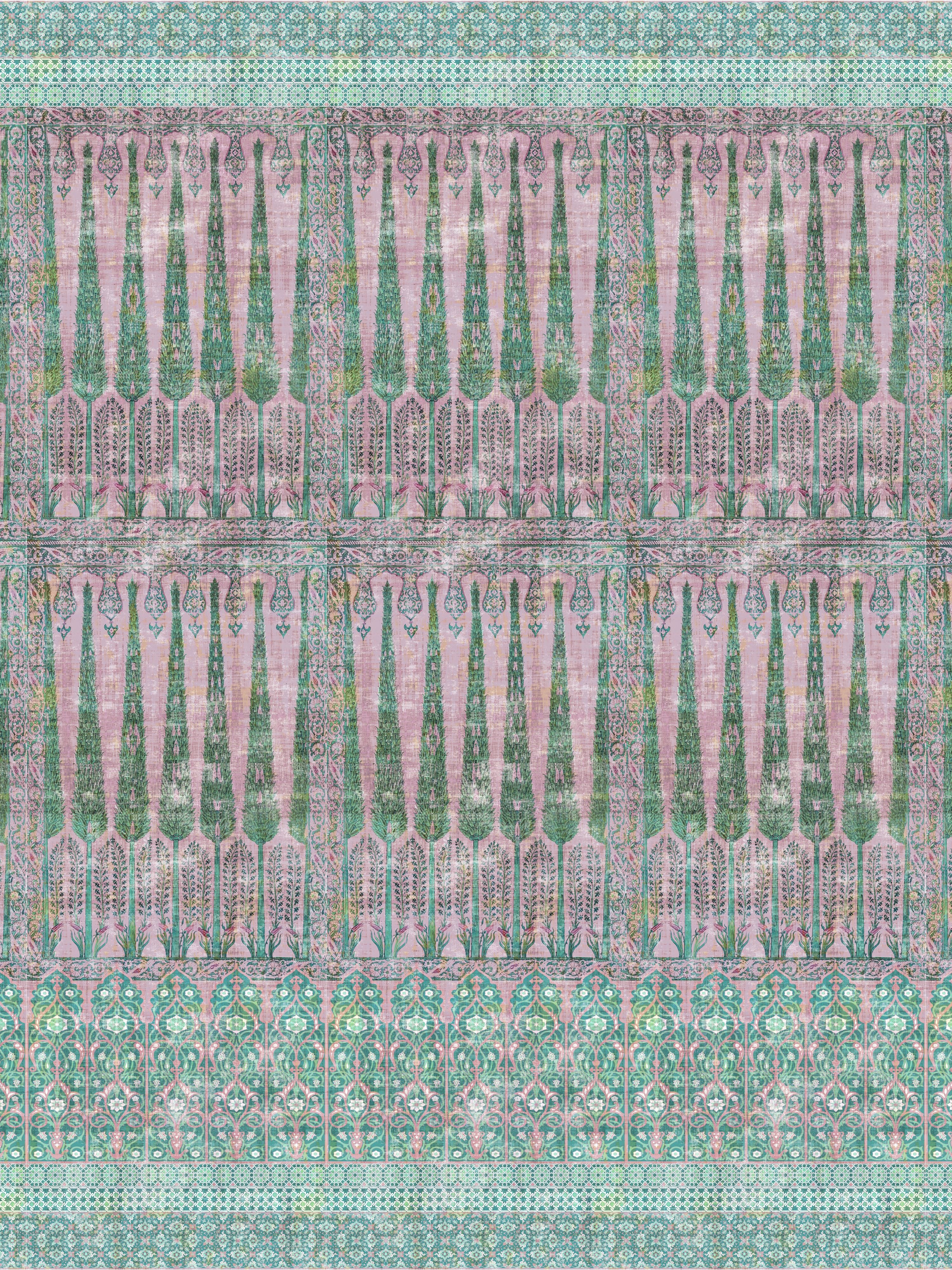 Topkapi Garden wallpaper in panel green pink color - pattern number WNM 1022TOPK - by Scalamandre in the  collection