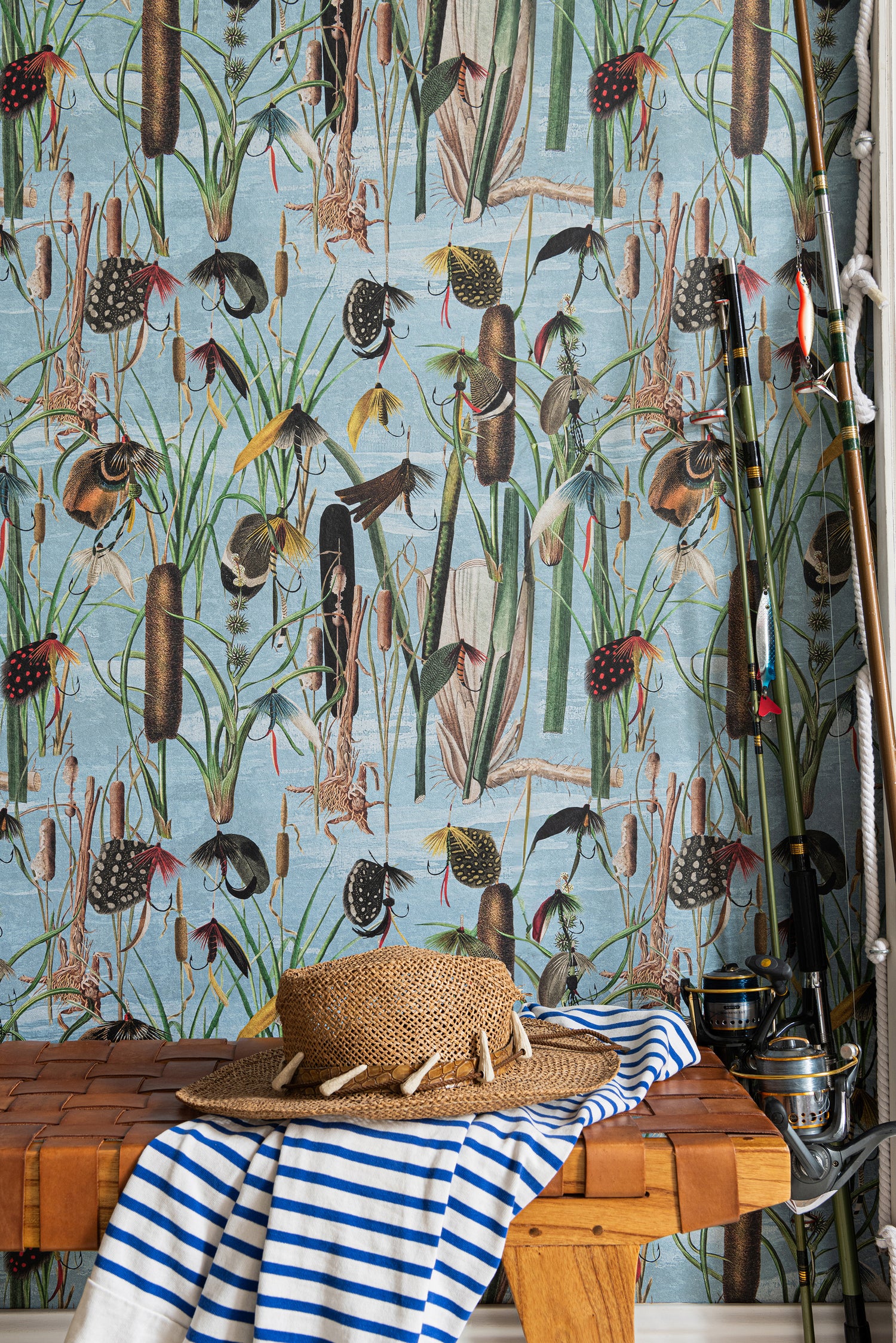 Fishing Flies wallpaper in aquamarine color - pattern number WP20721 - by Mind the Gap in the The Wetlands collection
