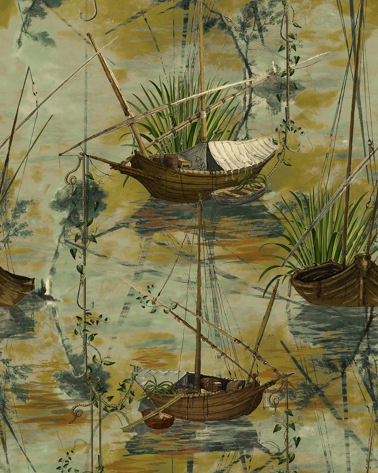 Moored Boats wallpaper in green bay color - pattern number WP20725 - by Mind the Gap in the The Wetlands collection