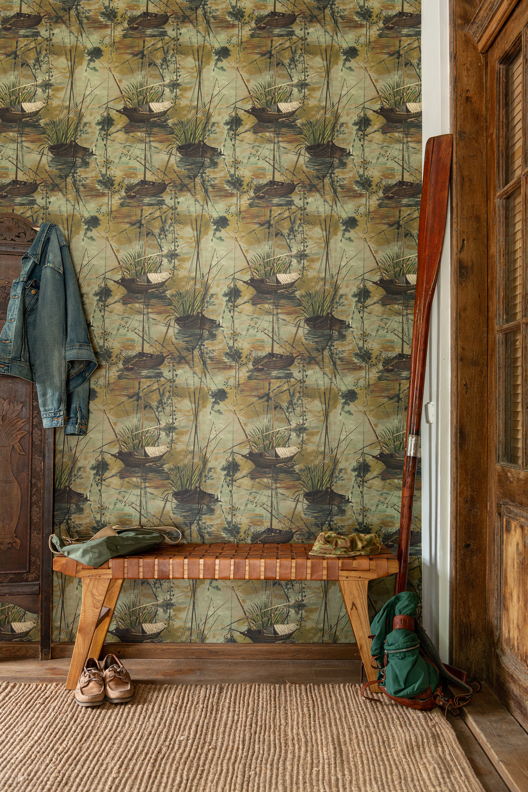 Moored Boats wallpaper in green bay color - pattern number WP20725 - by Mind the Gap in the The Wetlands collection