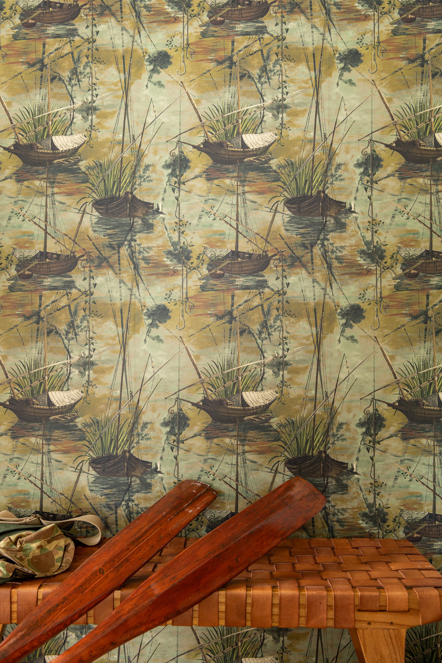 Moored Boats wallpaper in green bay color - pattern number WP20725 - by Mind the Gap in the The Wetlands collection