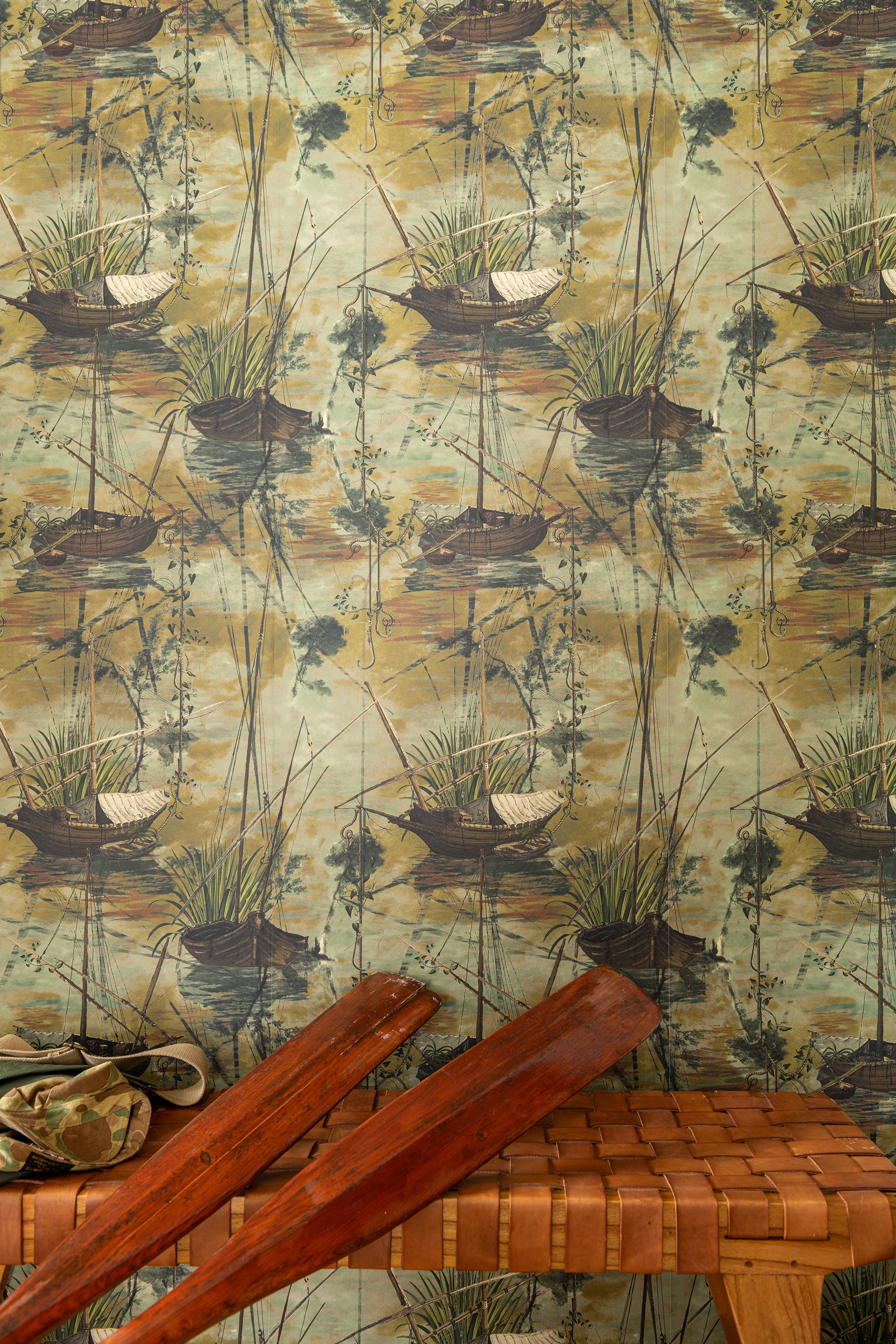 Moored Boats wallpaper in green bay color - pattern number WP20725 - by Mind the Gap in the The Wetlands collection