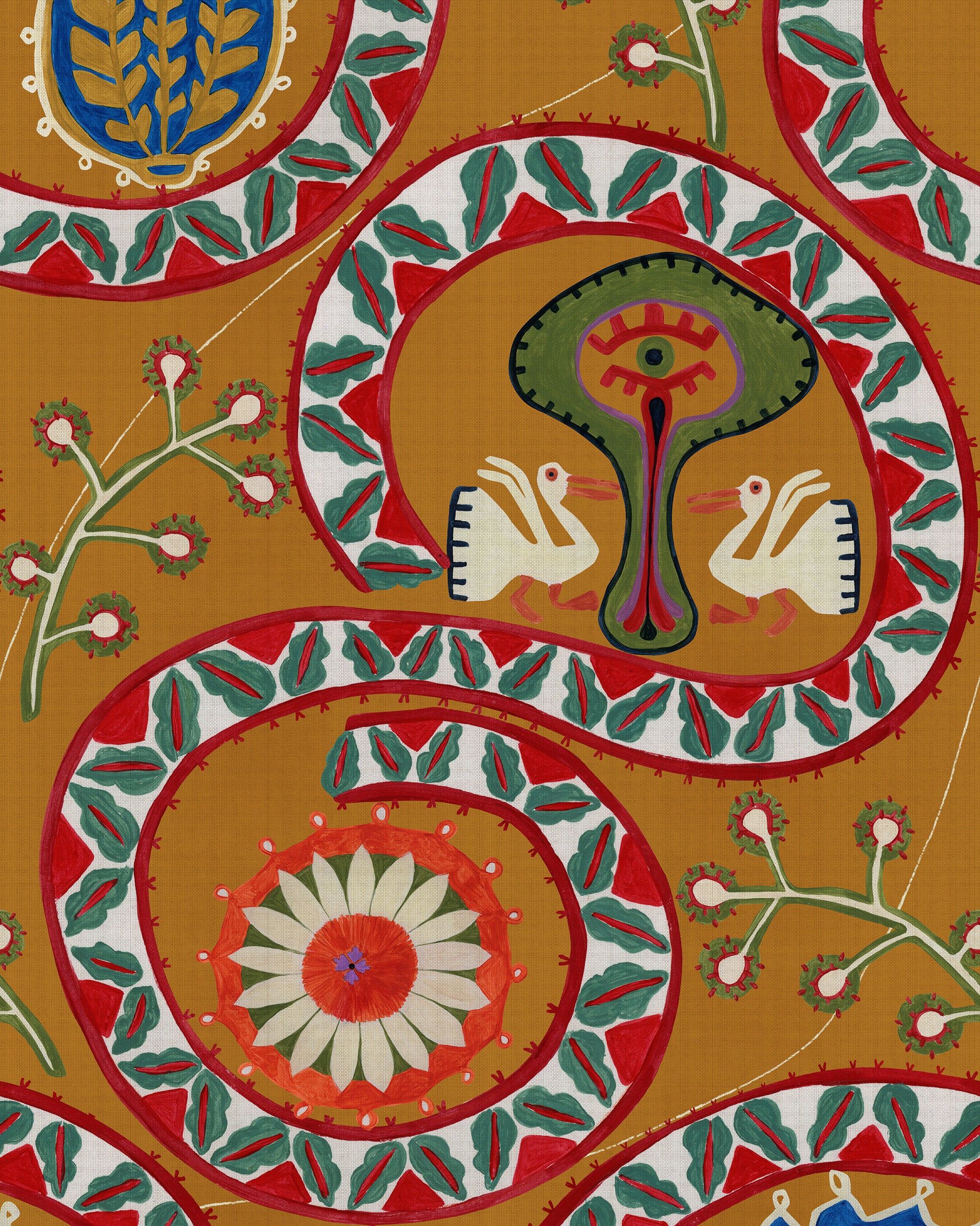 Two Storks Wallpaper in ochre color - pattern number WP20901 - by Mind the Gap in the Transylvanian Rhapsody collection