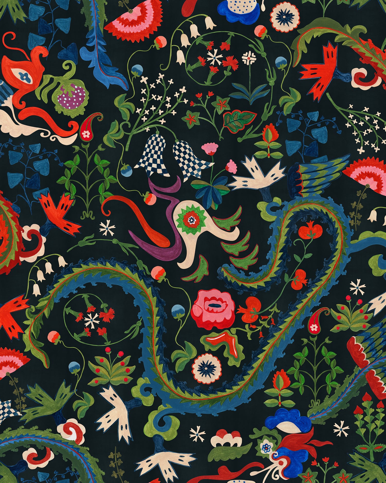 Dragon Flower Wallpaper in black color - pattern number WP20941 - by Mind the Gap in the Transylvanian Rhapsody collection