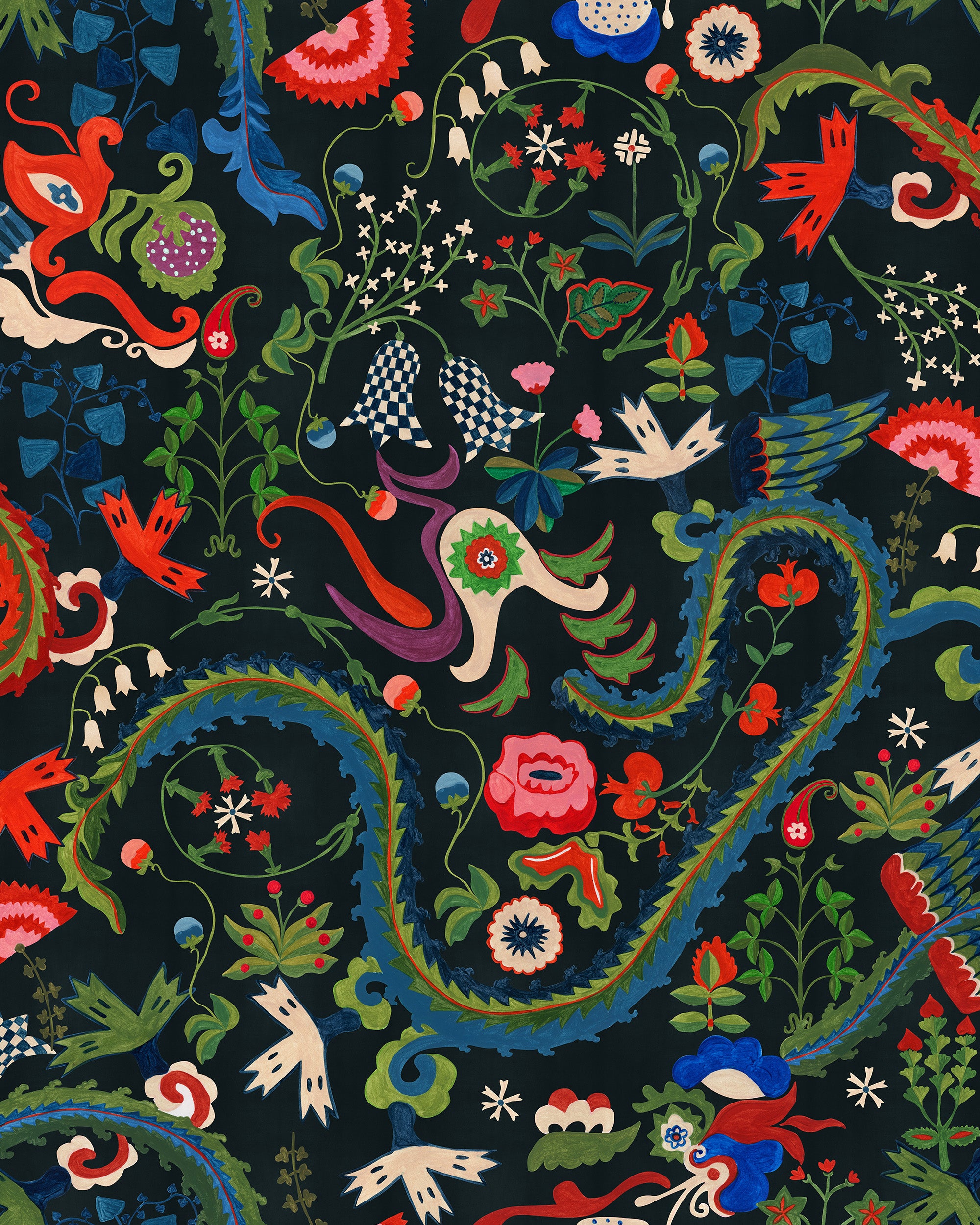 Dragon Flower Wallpaper in black color - pattern number WP20941 - by Mind the Gap in the Transylvanian Rhapsody collection