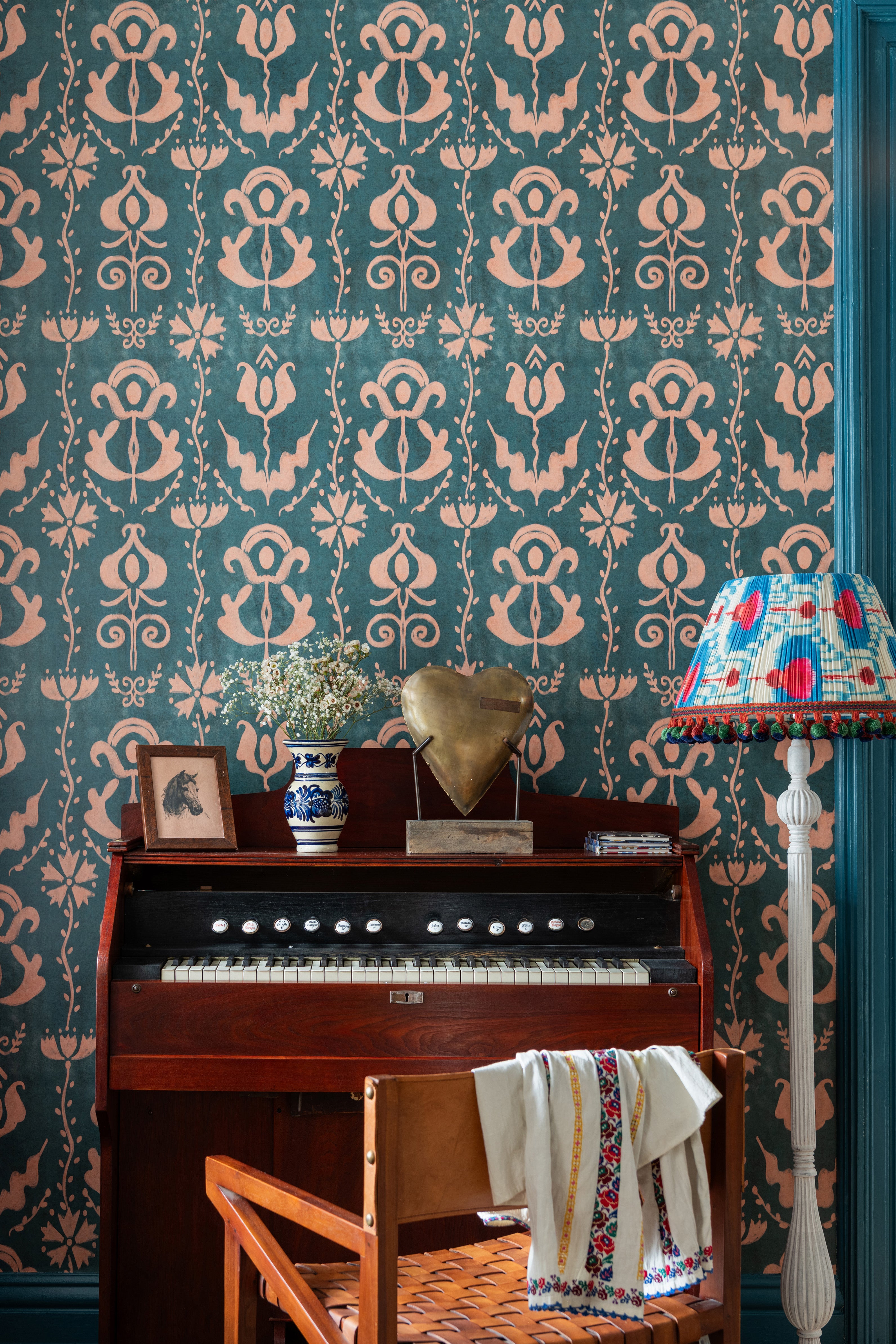 Grandmas Stencil Wallpaper in milky blue color - pattern number WP30276 - by Mind the Gap in the Transylvanian Rhapsody collection