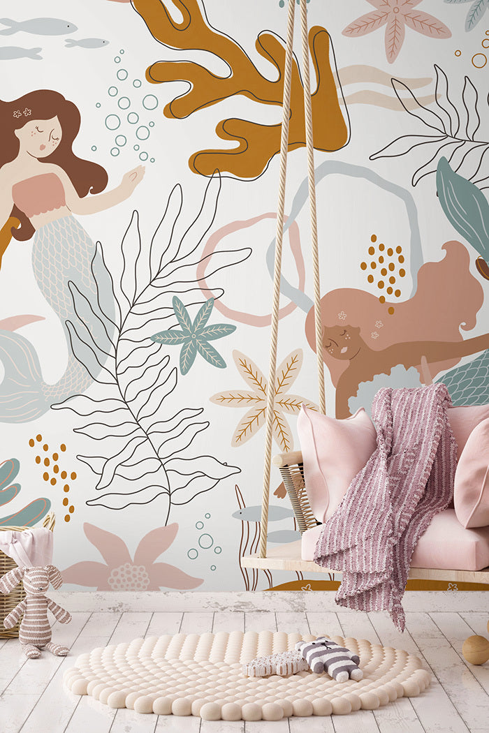 Mermaids 6 Panel Mural in multi-colored color - pattern number RB010-RC - by Grandeco in the Day Dreamers collection