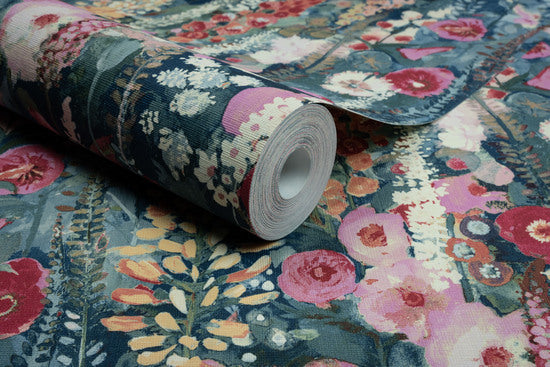 Classical Floral All-over Wallpaper in red color - pattern number INA74602 - by Grandeco in the Inia collection