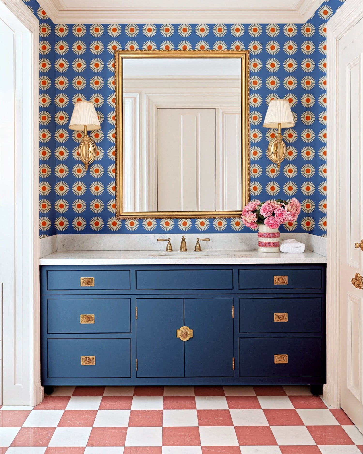 American Daisy Peel and Stick Wallpaper in blue red color - pattern number KK713_Blue_KH306 - by Katie Kime in the  collection