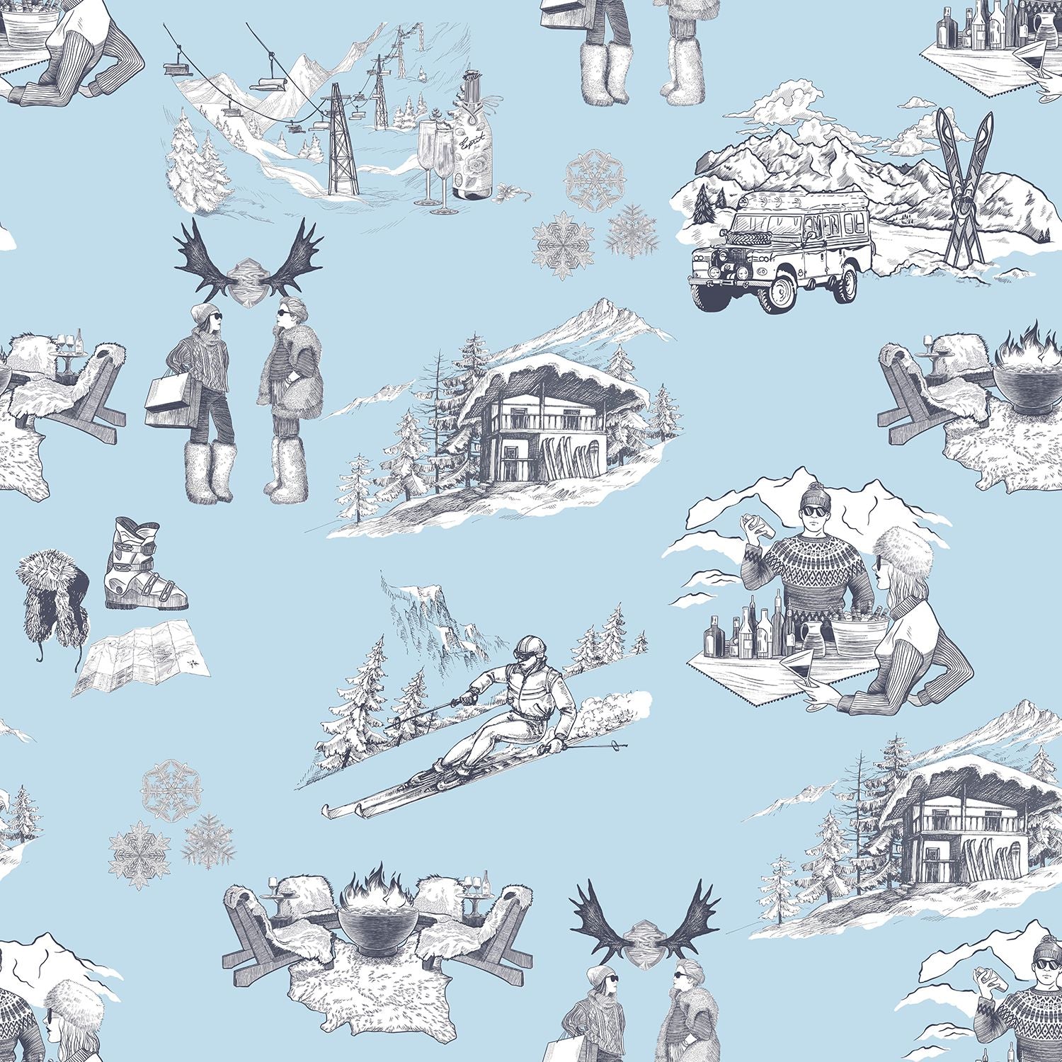 Après Ski Toile Wallpaper in light blue navy color - pattern number KK181_Light_Blue_Navy_KH300 - by Katie Kime in the  collection